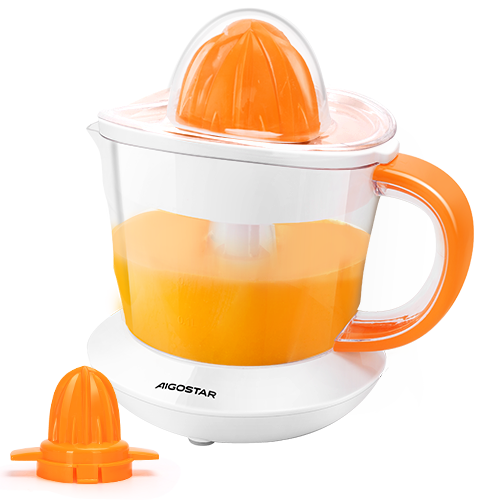 Aigostar Nia - Exprimidor de Naranjas Electrico, 40W, 700 ml, Doble Sentido de Giro, 2 Conos Desmontables y Cubierta Antipolvo, Apto para Lavavajillas, Exprimidor Electrico Blanco Naranja