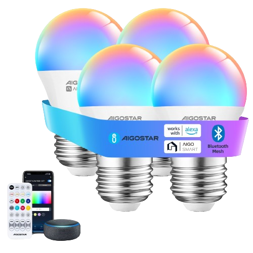 aigostar mesh- bombilla inteligente bluetooth mesh g45 2700k-6500k y rgb regulable e27 65w 555lm bombilla led inteligente compatible con alexa y google home incluye mando a distancia 4uds