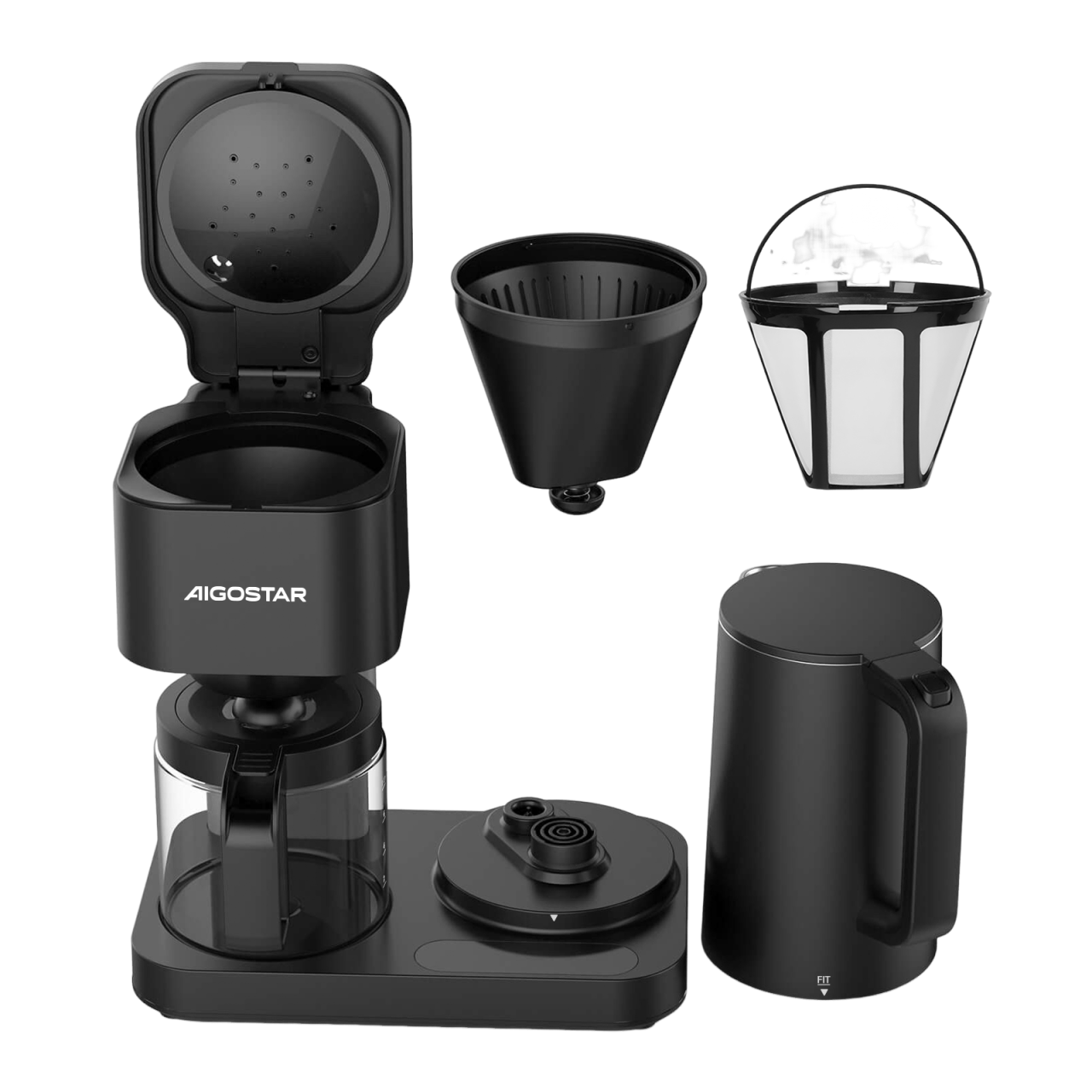 Aigostar BrewFusion Trio – Máquina de Café 2 en 1 | Cafetera Americana y hervidor Integrados | 1600W, Panel Electrónico y temperatura ajustable. 1600W