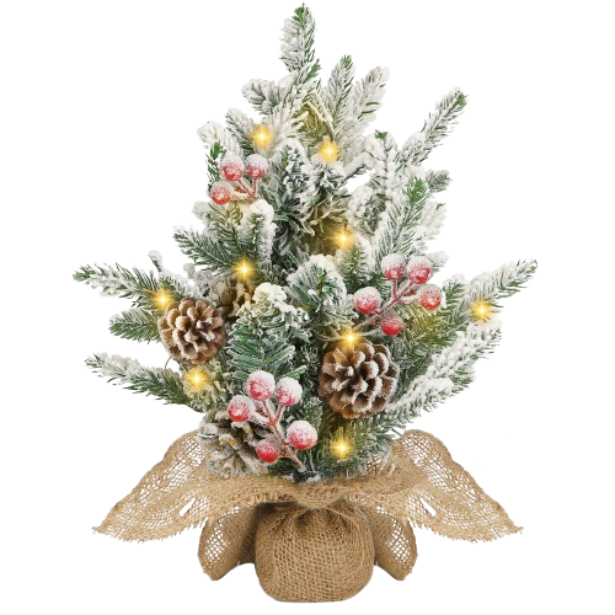 Aigostar Árbol de Navidad con Luces Incorporadas 50cm, Árbol de Navidad Pequeño Decorado con Nieve Artificial, Piñas y Frutos Rojos, Ideal para Salón, Dormitorio o Habitación Infantil