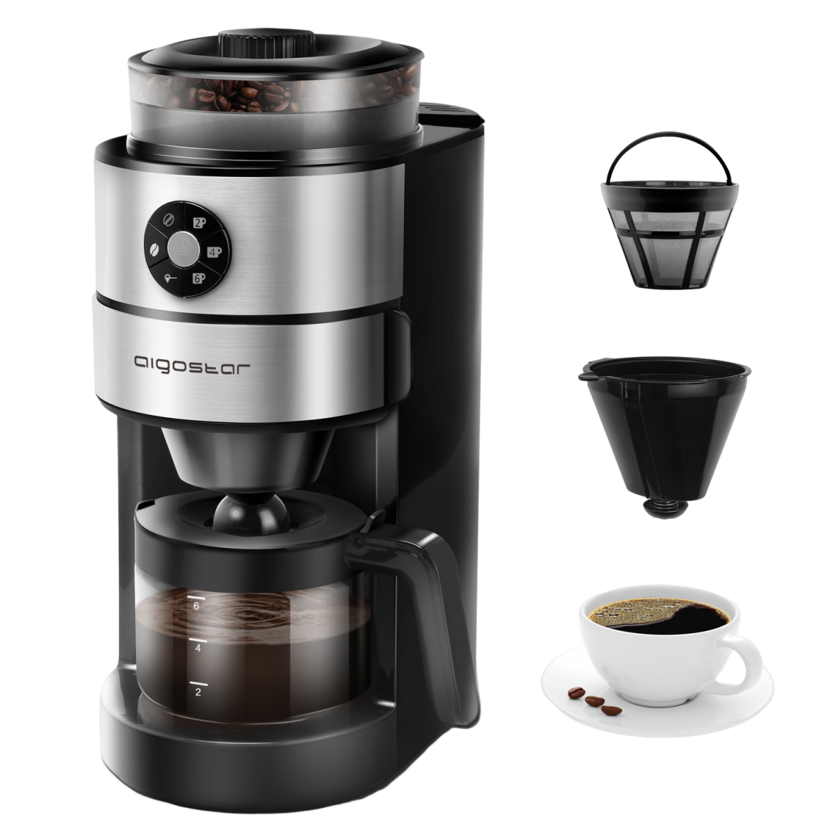 Aigostar Kaffa 30LHX - 2 en 1 Cafetera eléctrica con molinillo integrado. 680-820 W, 5 niveles de molienda. Sistema de goteo,  capacidad 2-6 tazas. Función mantener caliente. Libre de BPA.
