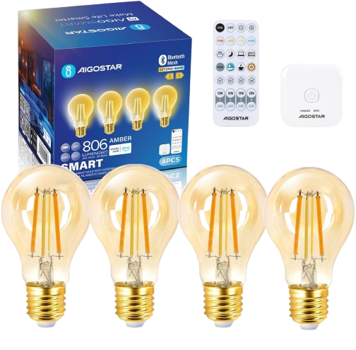 Aigostar Mesh Bombilla LED Inteligente Bluetooth Mesh A60, 6W Bombilla E27, Regulable Cálida a Fría 2700K-6500K, Bombillas Vintage Filamento Compatible con Alexa, 4 Uds(Con Control Remoto y Gateway)