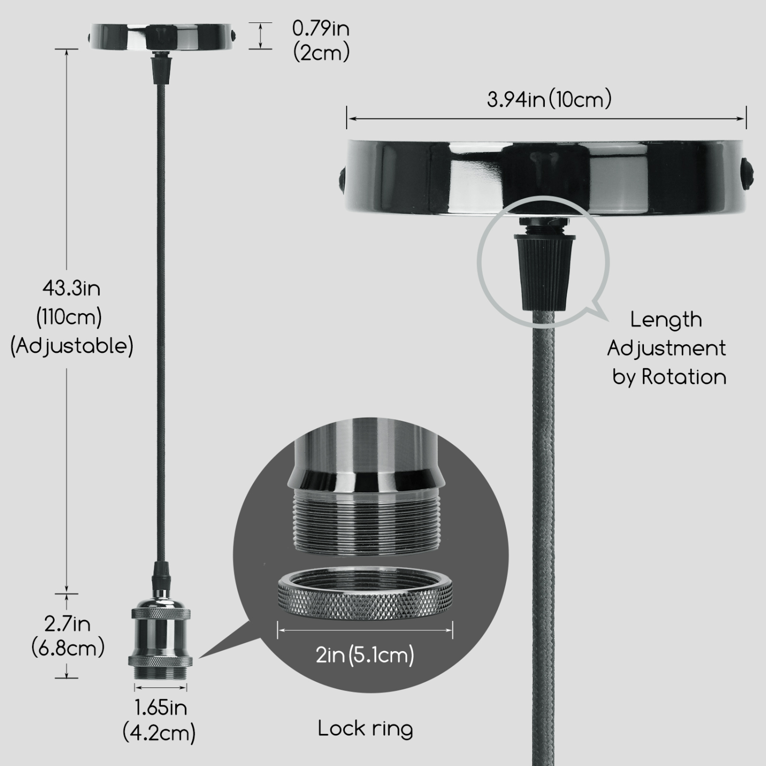 Aigostar Suspension en Métal E27,Support de Lampe à Suspension avec Montage au Plafond,Câble de 1 m, Noir