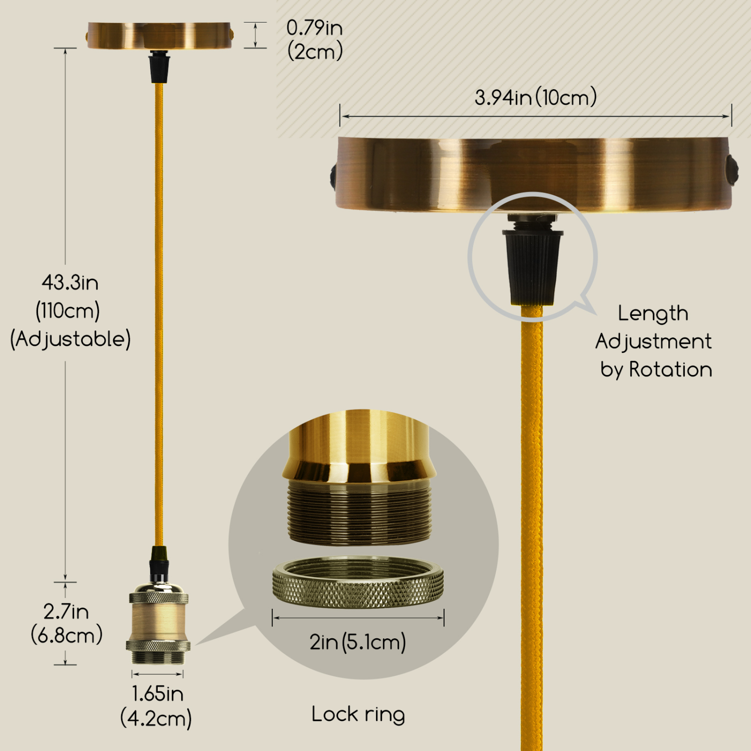 Aigostar Suspension en Métal E27,Support de Lampe à Suspension avec Montage au Plafond,Câble de 1 m, Or Antique
