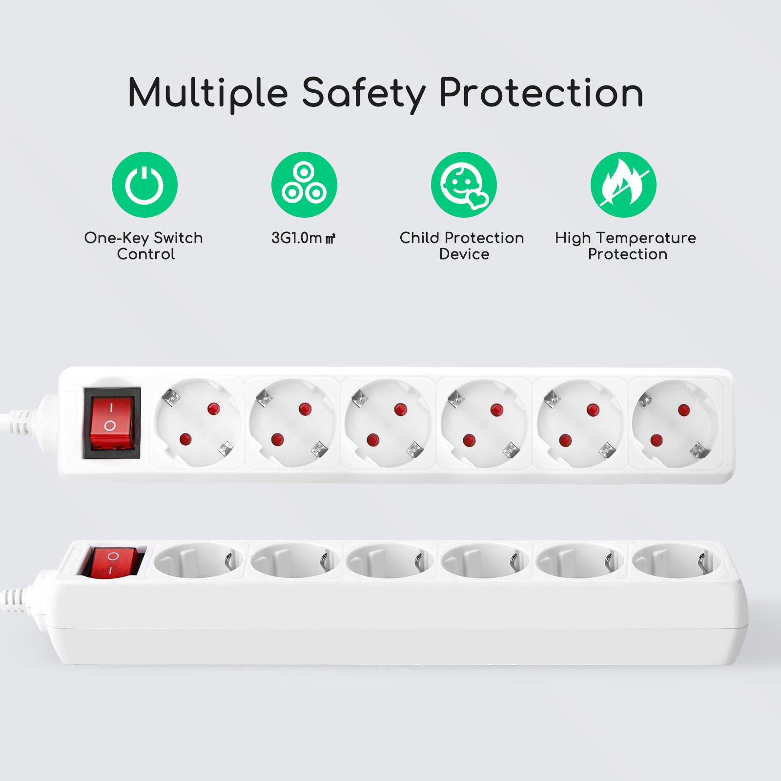 regleta alemana de 6 vías con interruptor, 1,5 m, 3G, 1,0 mm? blanca