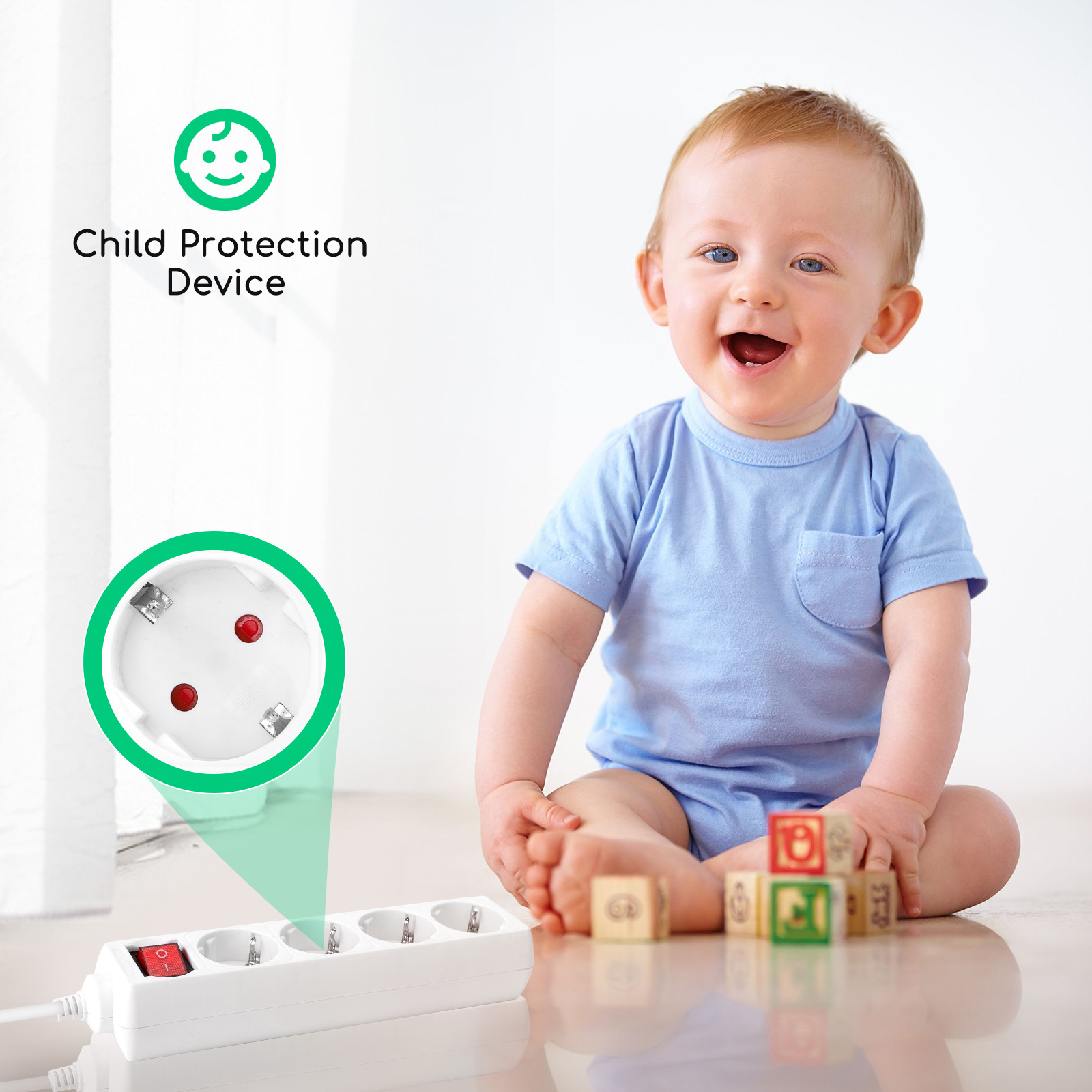 regleta alemana de 4 vías con interruptor, 1,5 m, 3G, 1,5 mm? blanca