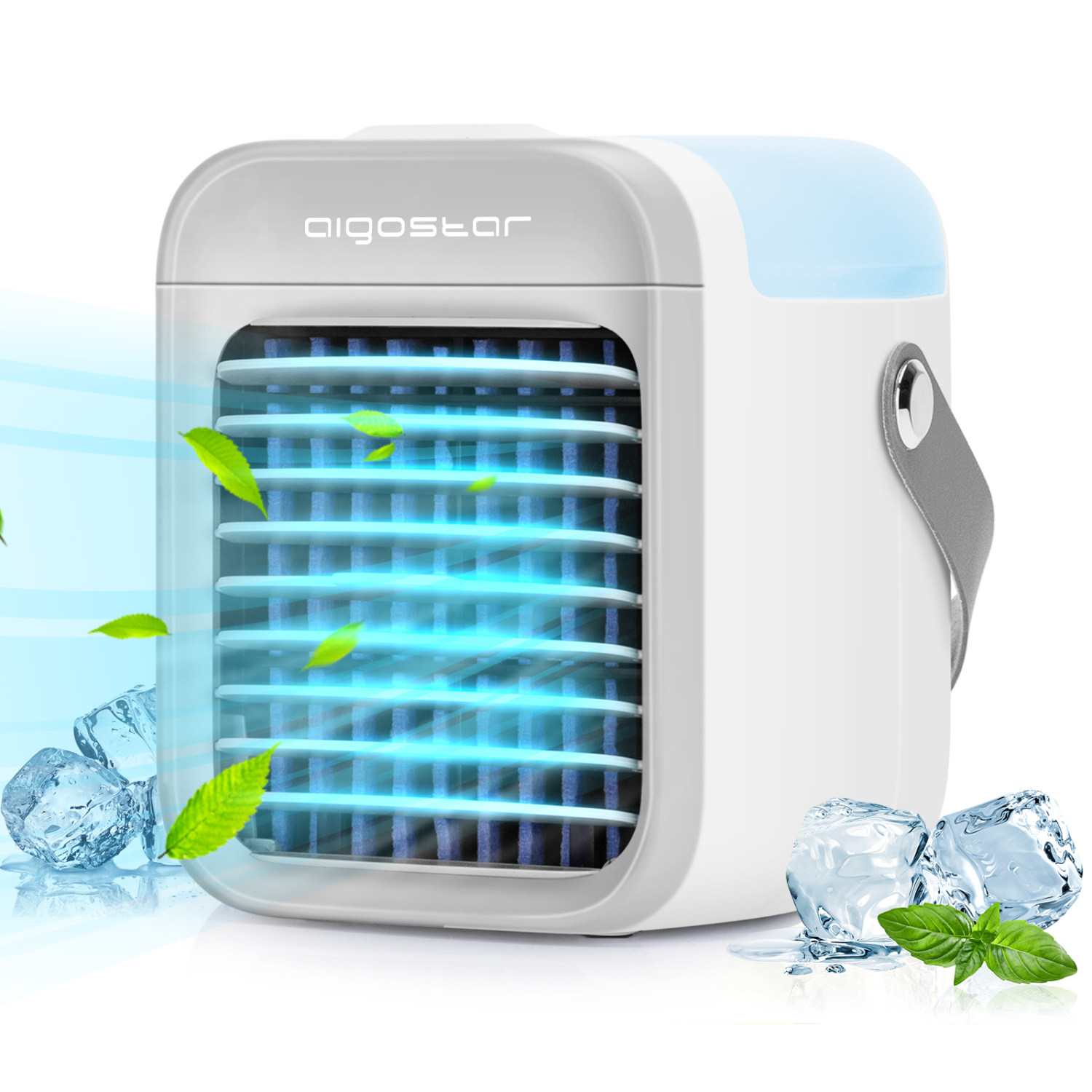Aigostar Ice Cube - Mini Condizionatore Portatile, 4-in-1 Mini Climatizzatore, Ventilatore USB Mini Raffreddatore d'aria Evaporativo Umidificatore con 3 velocità Regolabili 7 Colori, per Casa/Ufficio