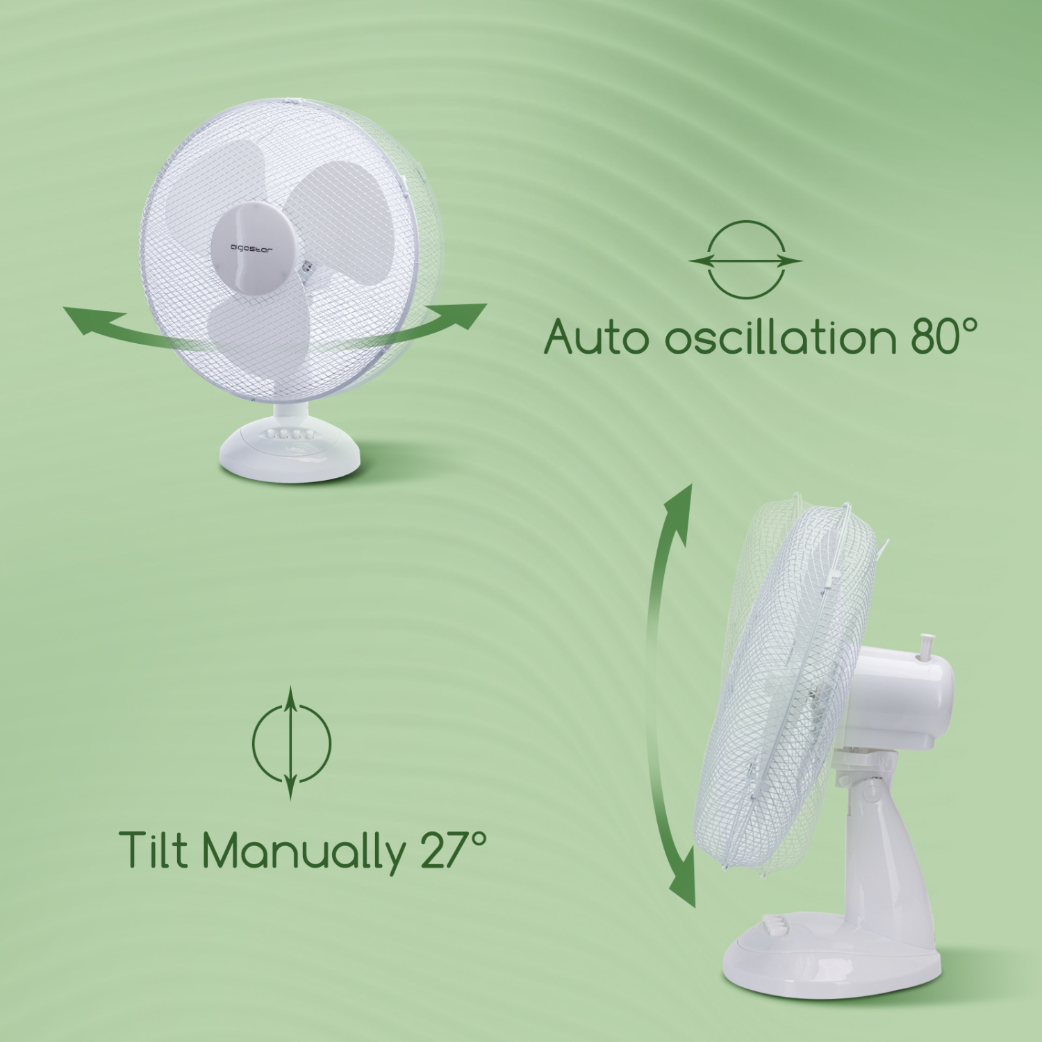 Aigostar Allace 33JTO - Ventilatore da tavolo, silenzioso, 3 impostazioni di velocità, 42 cm, 2,5 kg, oscillazione di 80 gradi. Design esclusivo
