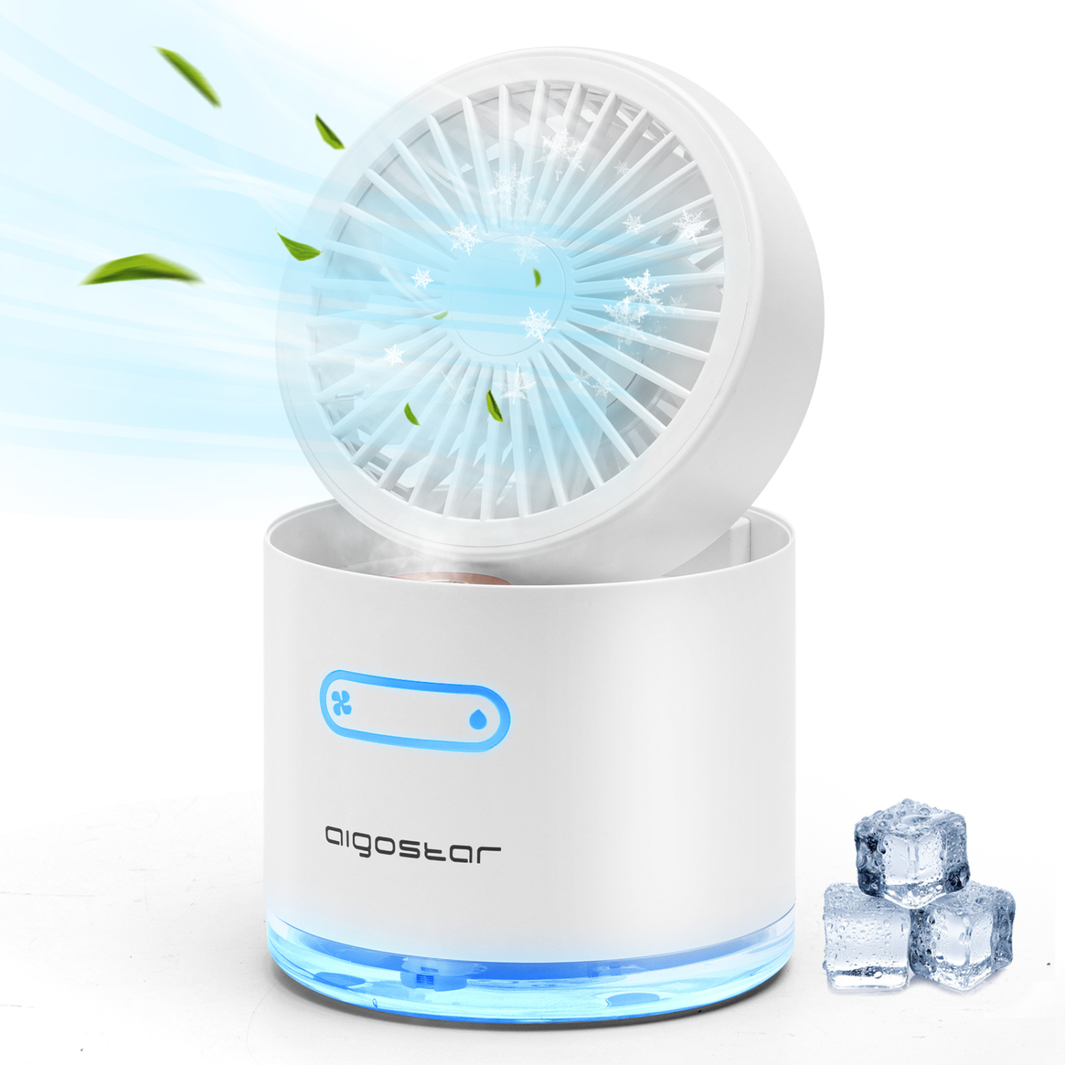 Aigostar Windgift- Mini ventilatore con USB, Nebulizzatore e Umidificatore da 300 ml. 7 luci colorate, 3 velocità e 2 modalità. Pieghevole e Spegnimento automatico. Ventilatore silenzioso e portatile.