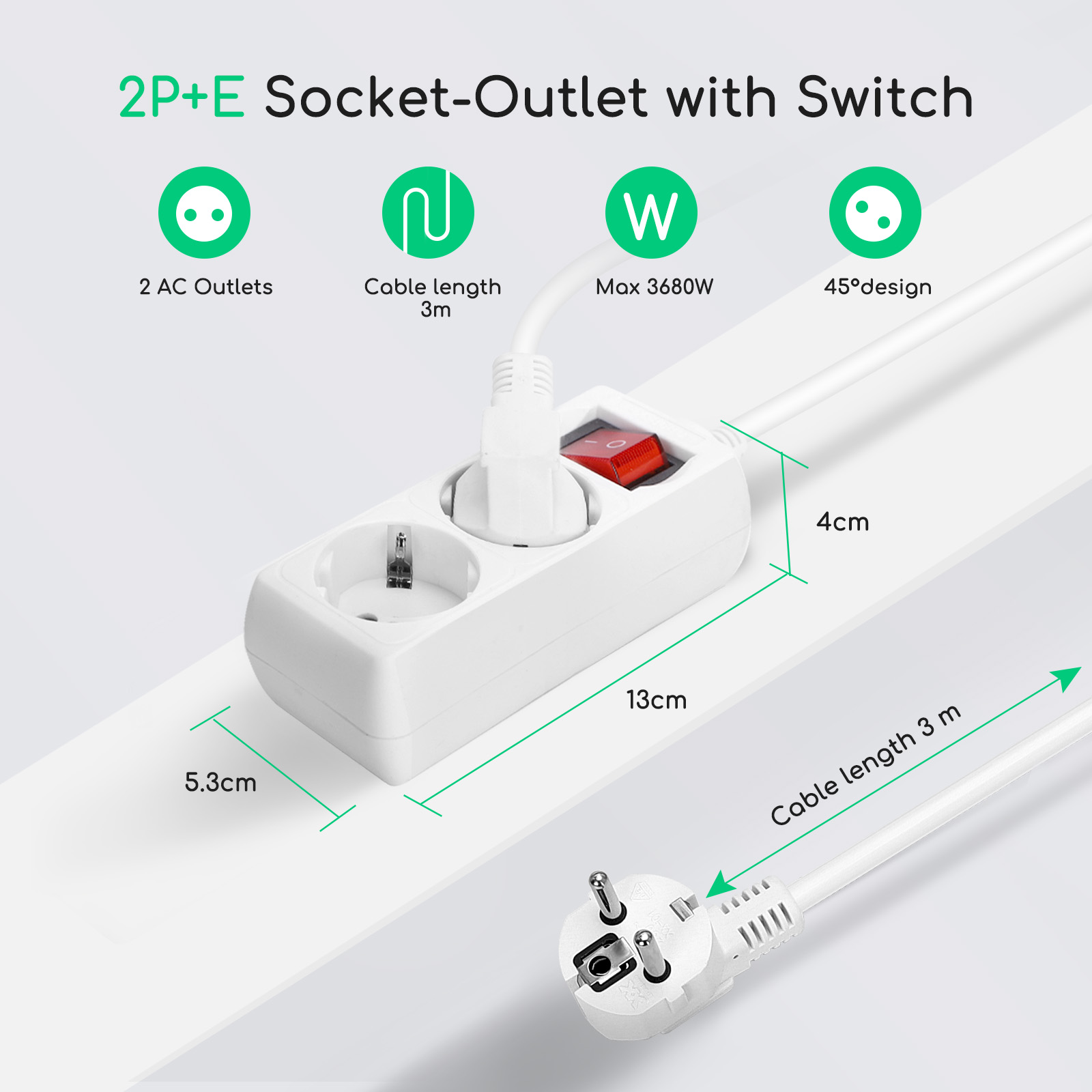 regleta alemana de 2 vías con interruptor, 3 m, 3G, 1,5 mm? blanca