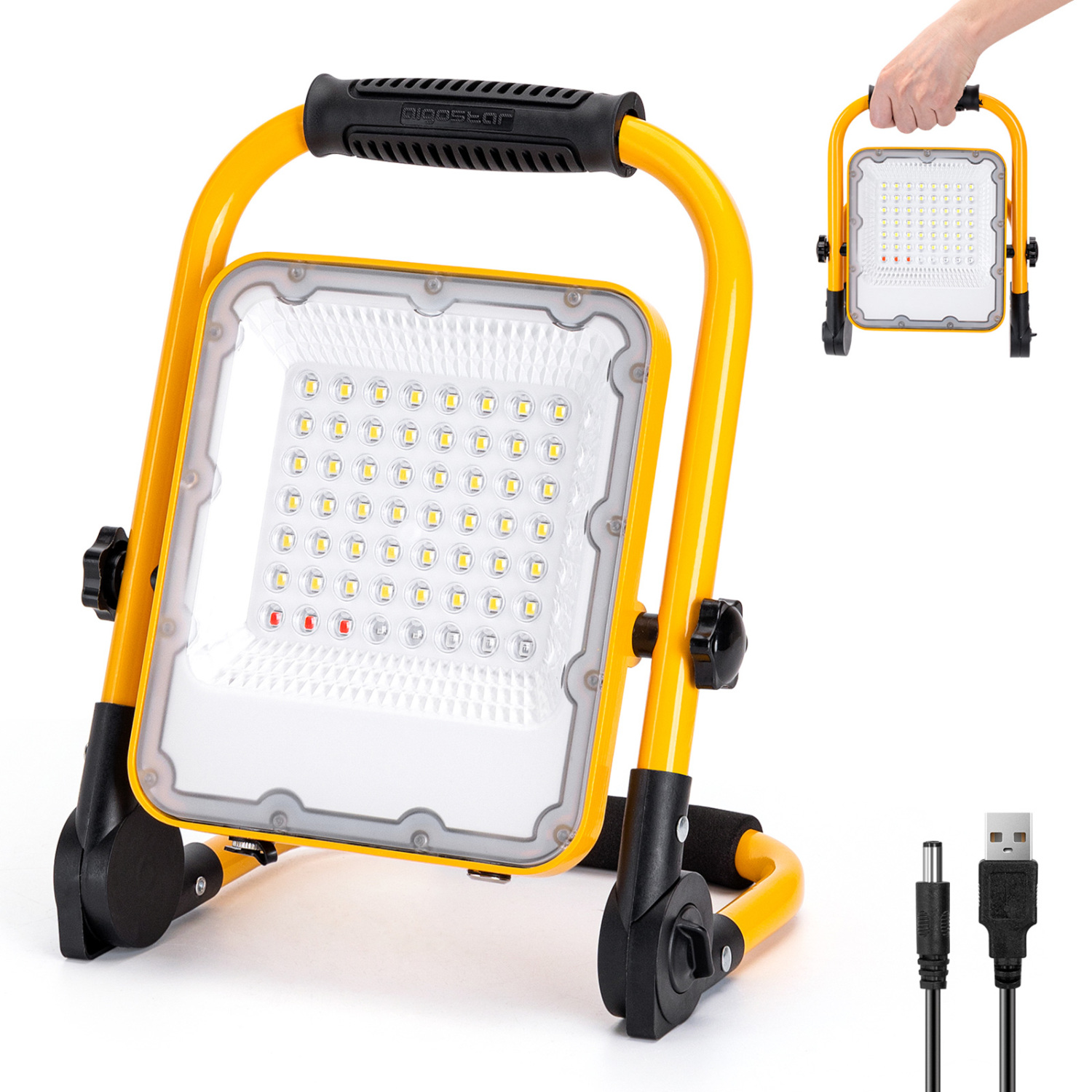 AIGOSTAR 5000LM LED Work Light with USB Charge, IP65 Waterproof, 6500K, 50W Rechargeable Flood Lights with Stand for Workshop, Garage, Camping, Construction Site, Emergency, Job Site Lighting