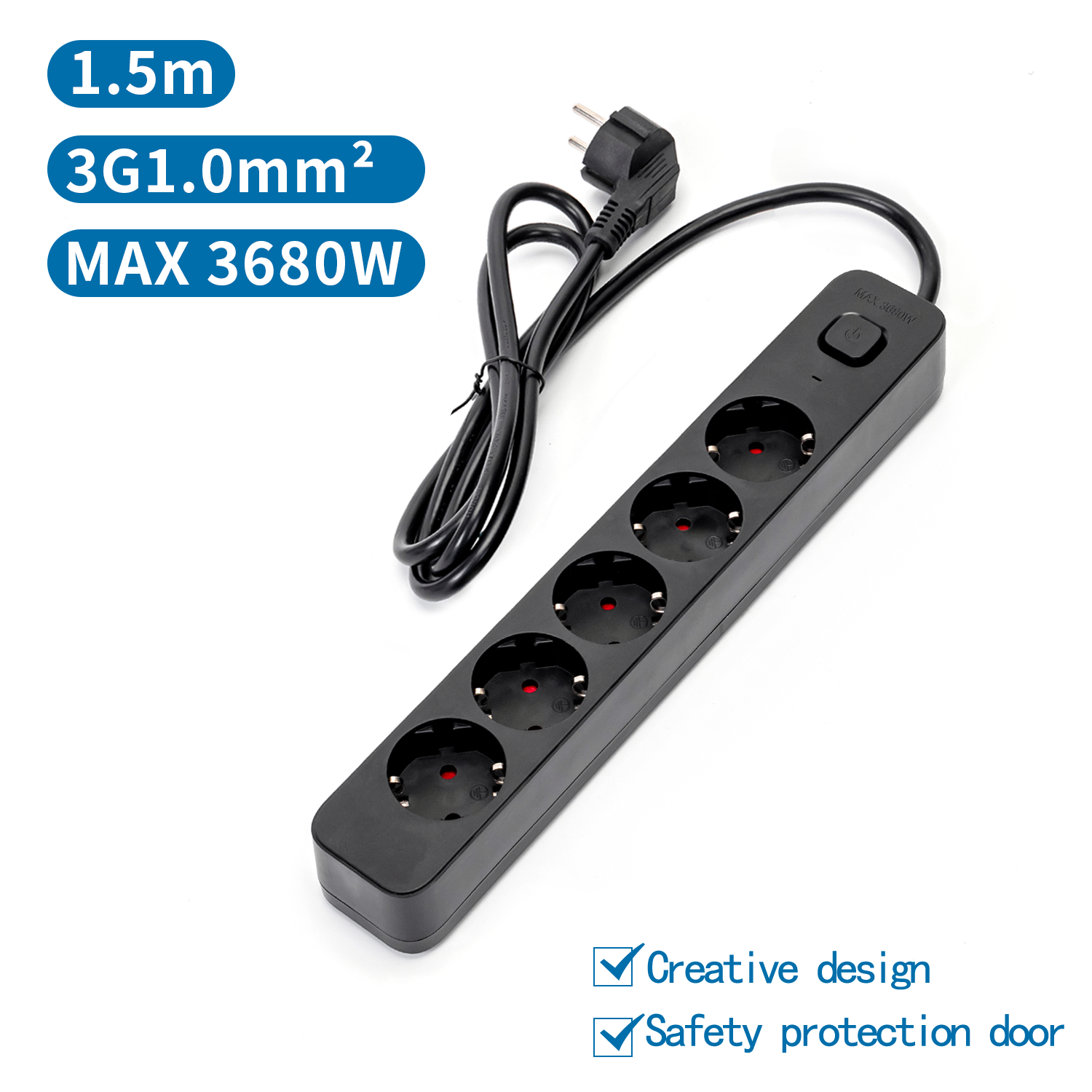 regleta alemana Serie L de 5 vías con interruptor 1,5 m, 3G, 1,0 mm? negra
