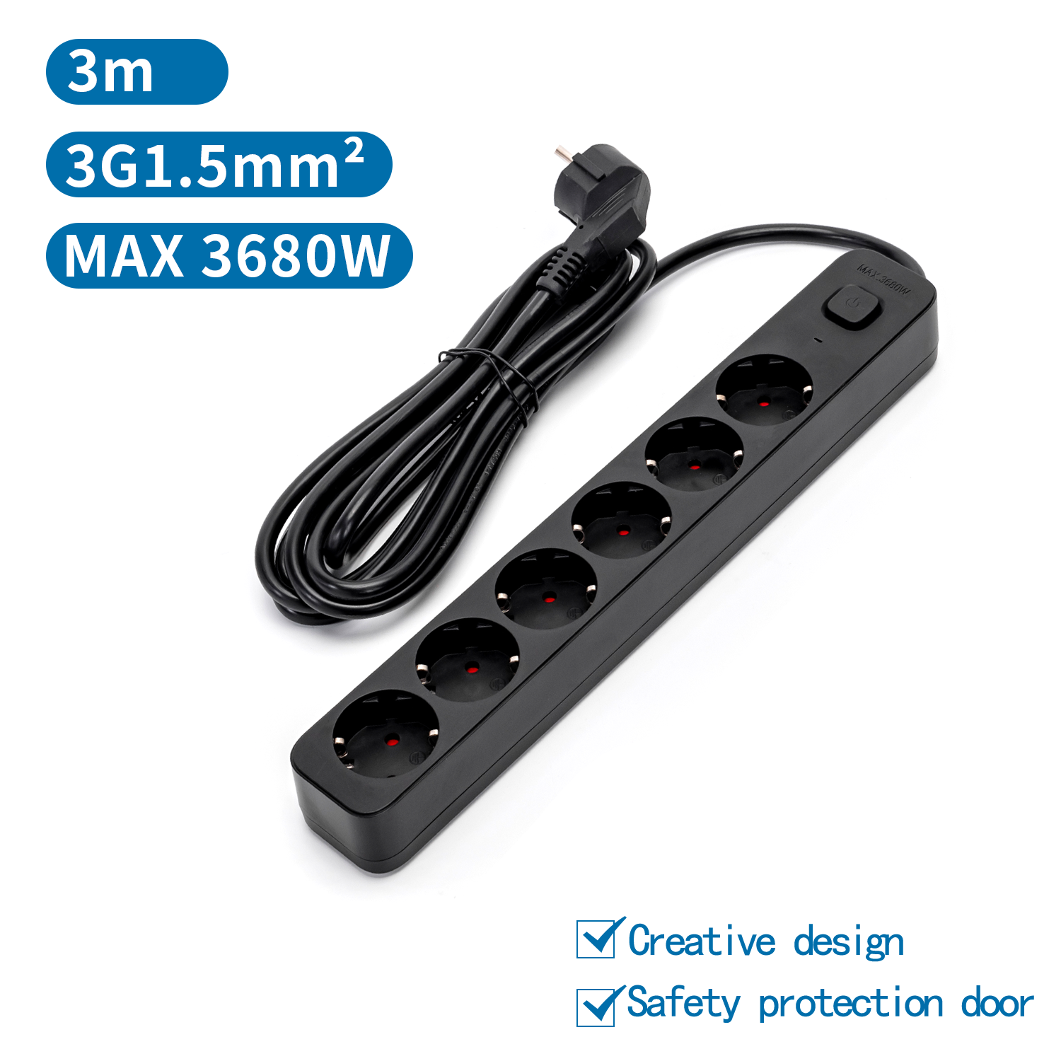 regleta alemana Serie L de 6 vías con interruptor 3 m, 3G, 1,5 mm? negra