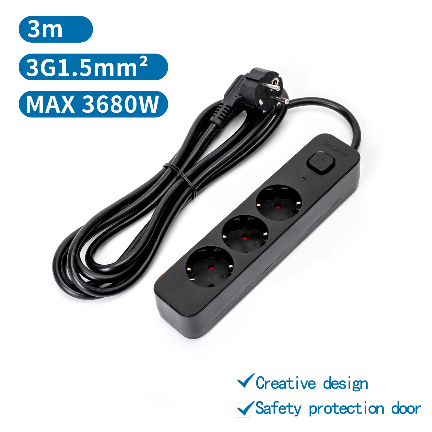 Alargador De Enchufe Electrico Cable 2m 3gx1,5mm Cobre 3500w Max
