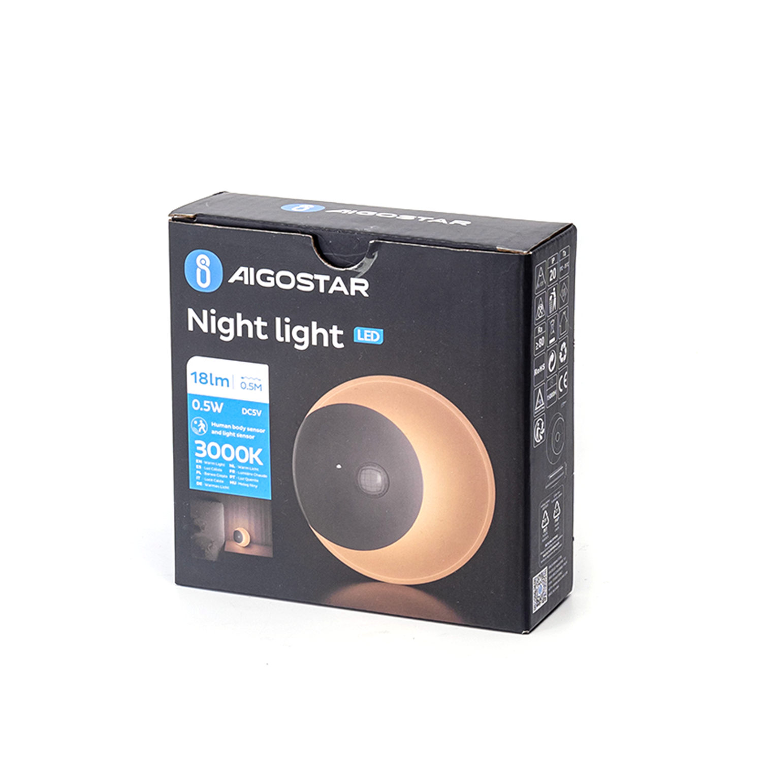 luz LED nocturna con sensor (PIR + sensor de luz) Luz Cálida 0.5W