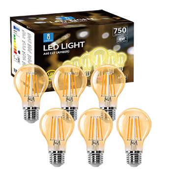 aigostar - bombilla led e27 edison 8w equivalente a 57w blanco calido 2200k 750 lumenes bombilla led vintage decorativa a60 de filamento no regulable cristal ambar pack 6