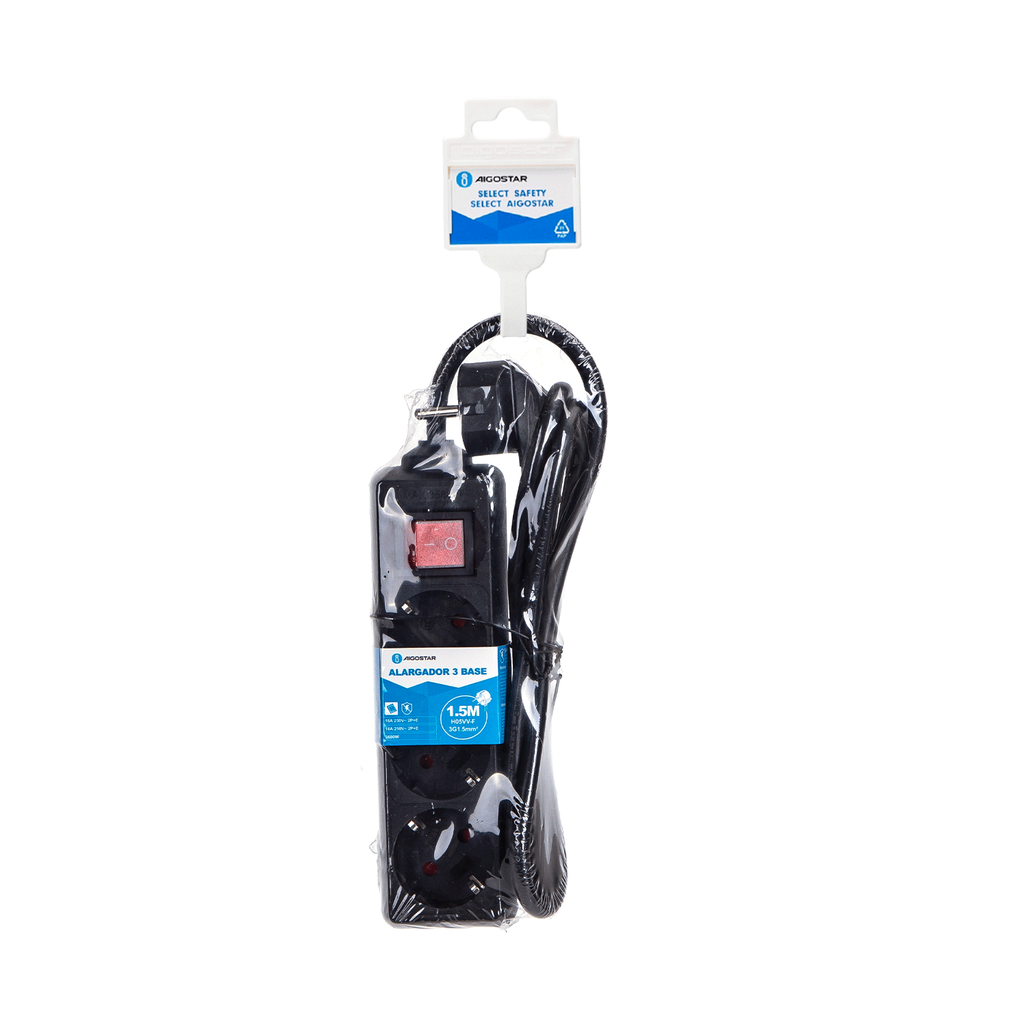 regleta alemana de 3 vías con interruptor, 1,5 m, 3G, 1,5 mm? negra