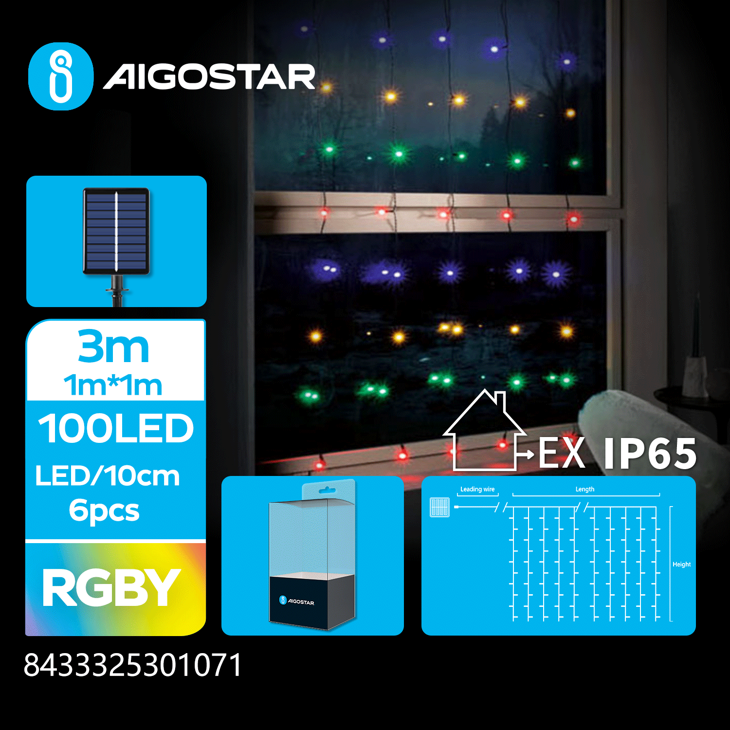 tira de luces solar plana Cortina 3m Luz Roja, Luz Verde, Luz Azul y Luz Amarilla