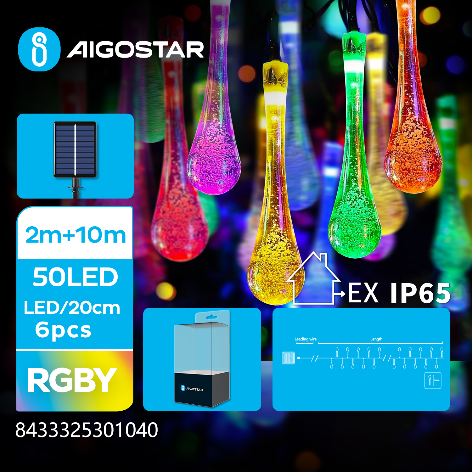 tira de luces solar Gota de agua 2m Luz Roja, Luz Verde, Luz Azul y Luz Amarilla