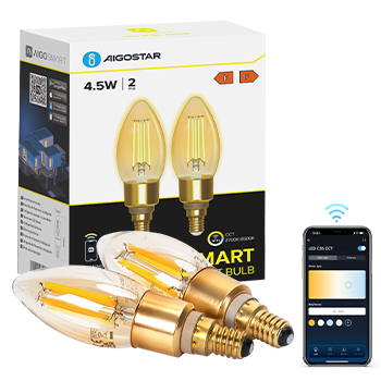 aigostar edison bombillas alexa led e14 bombillas inteligentes 45w 470lm wifi bombilla vintage c35 bombillas filamento regulable 2700k-6500k compatible con alexagoogle home ambar 2 pack
