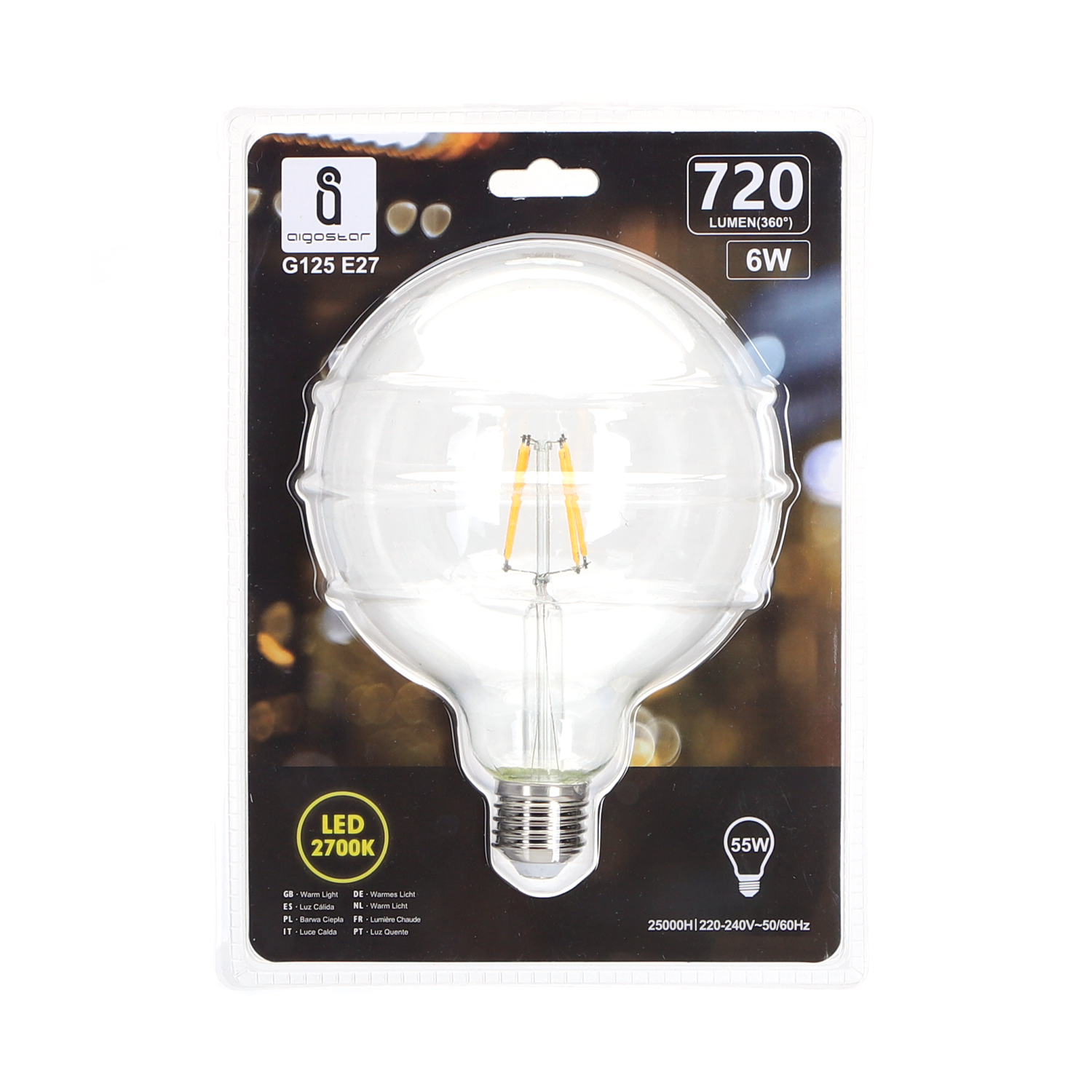 bombilla de filamento LED G125  Luz Cálida  6W  E27