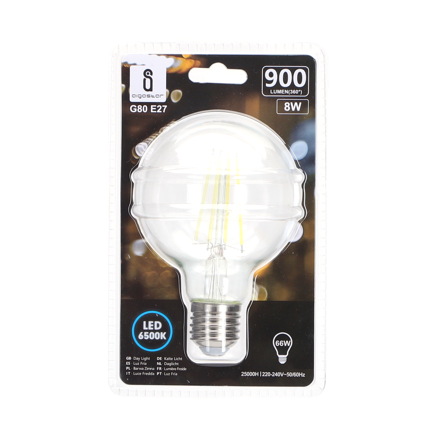 bombilla de filamento LED G80  Luz Fría  8W  E27