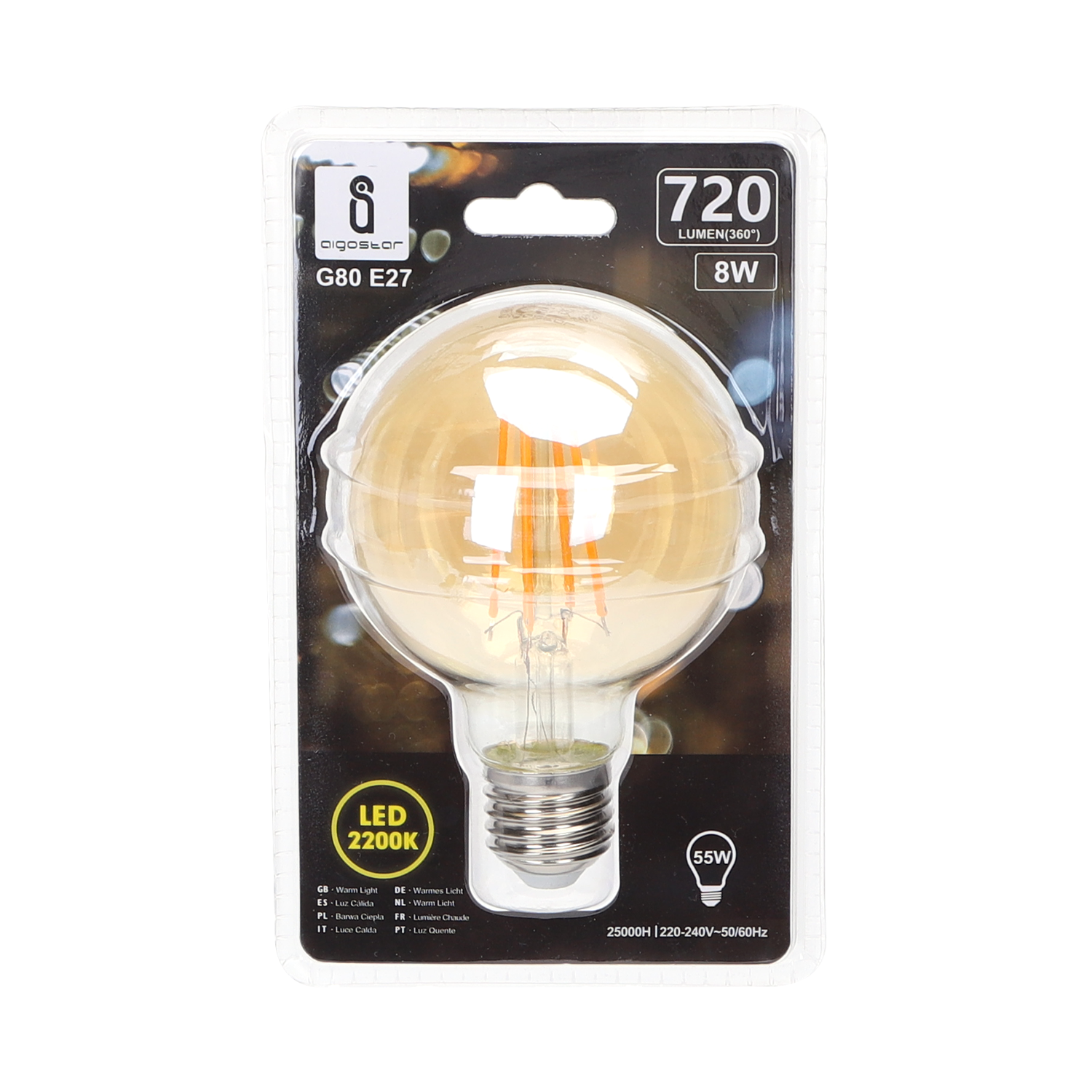bombilla de filamento LED G80  Luz Cálida  8W  E27