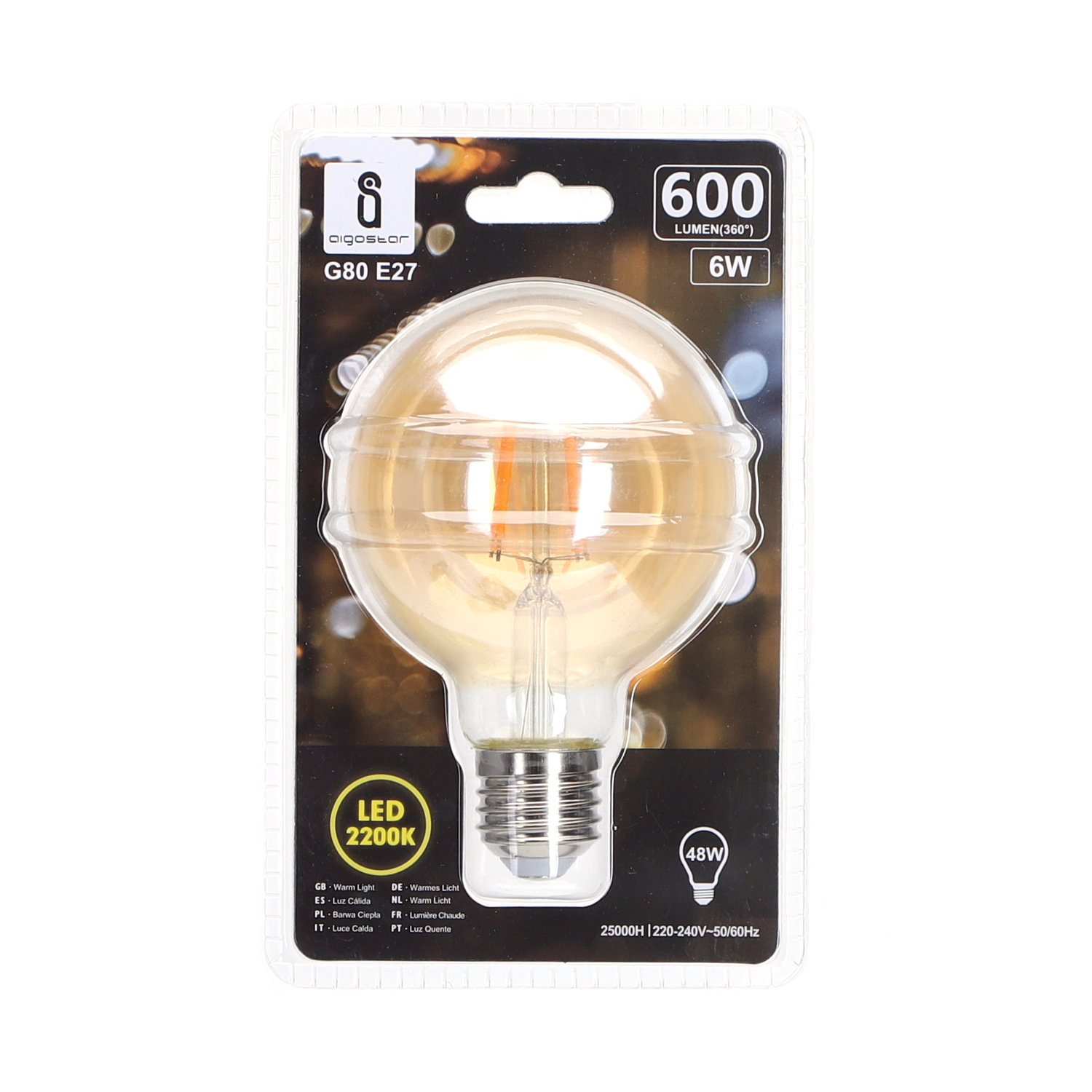 bombilla de filamento LED G80  Luz Cálida  6W  E27