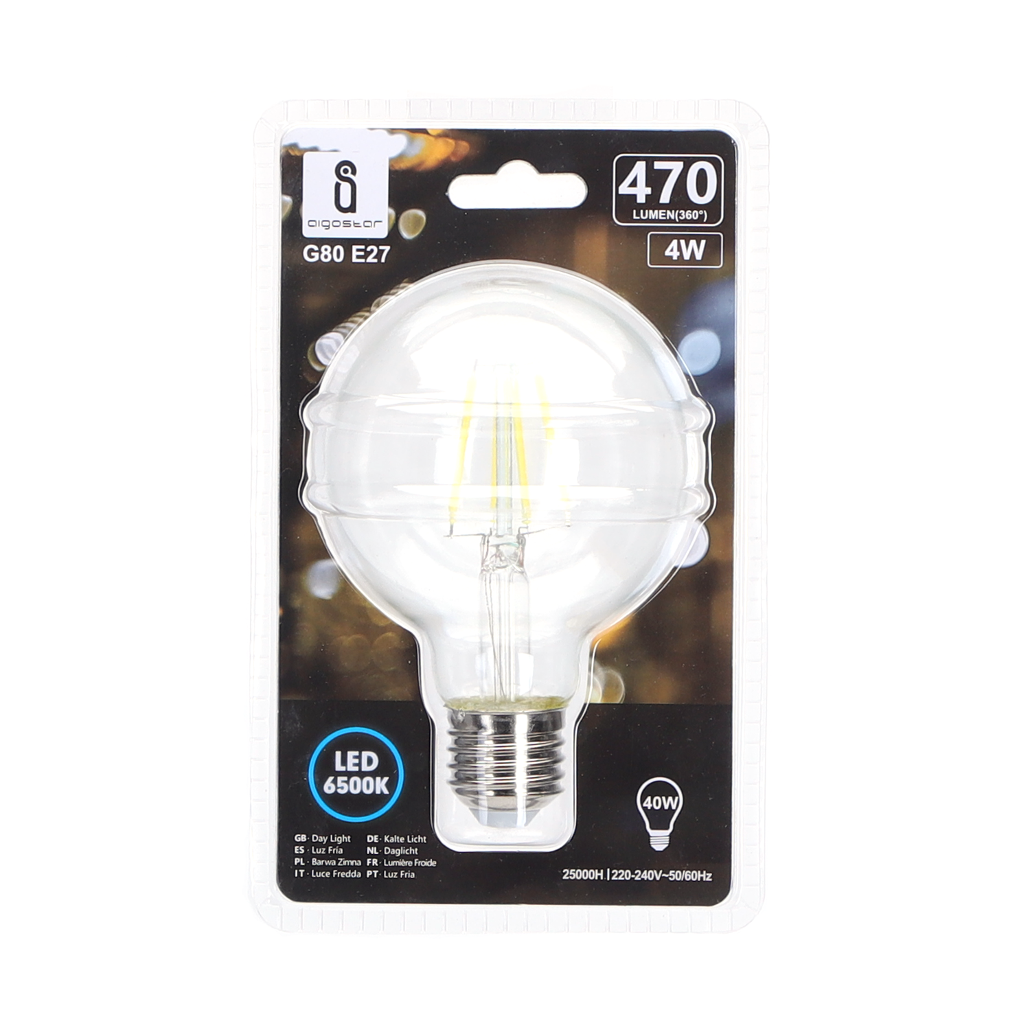 bombilla de filamento LED G80  Luz Fría  4w  E27