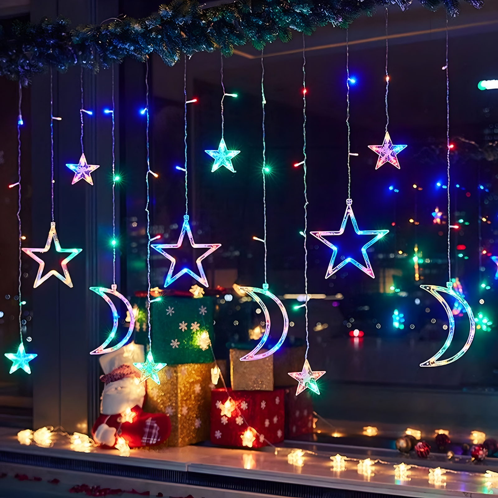 Aigostar luces de cortina de Navidad con estrellas y lunas RGB, 3M*3M*0.6M, 8 Modos Cadena de Luces con Remoto, 120 LED, temporizador, Resistente al Agua, para exterior y Interior, decoracion navidad
