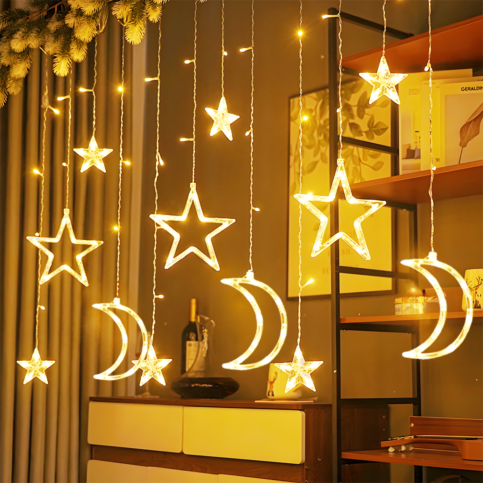 aigostar luces de cortina de navidad con estrellas y lunas 3m3m06m 8 modos cadena de luces con remoto 120 led temporizador resistente al agua para exterior y interior decoracion navidad
