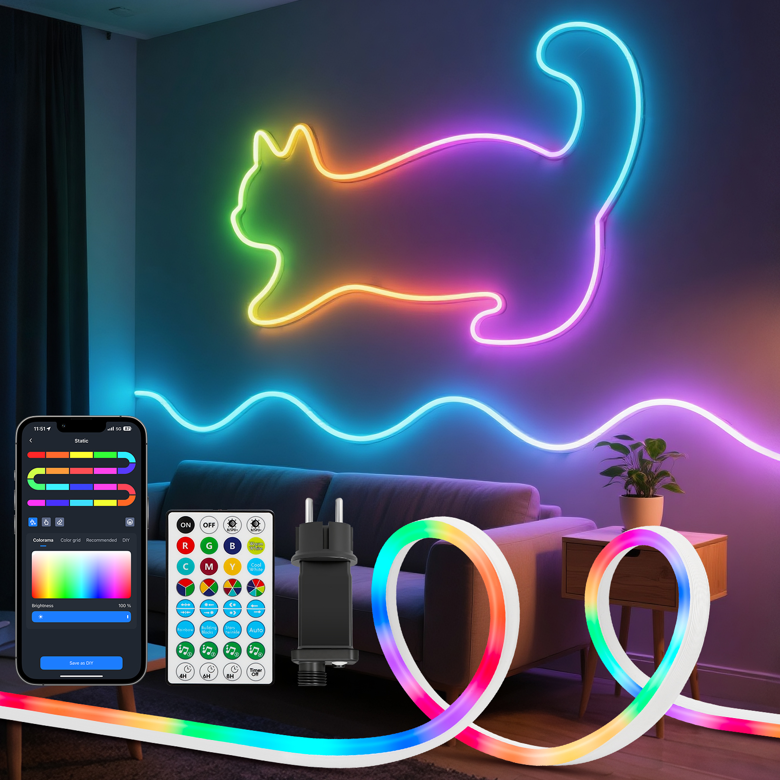 Aigostar Tira de LED Neon RGBIC Inteligente, 3M 90LEDs, Control por Segmentos DIY de Color, APP y Mando, Music Sync, 39 Efectos Dinámicos, IP44 Impermeable para Navidad, Halloween, Gaming, Fiestas