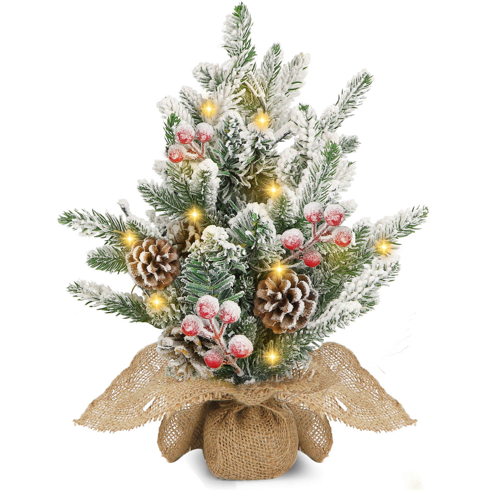 Aigostar Árbol de Navidad con Luces Incorporadas 35cm, Árbol de Navidad Pequeño Decorado con Nieve Artificial, Piñas y Frutos Rojos, Ideal para Salón, Dormitorio o Habitación Infantil