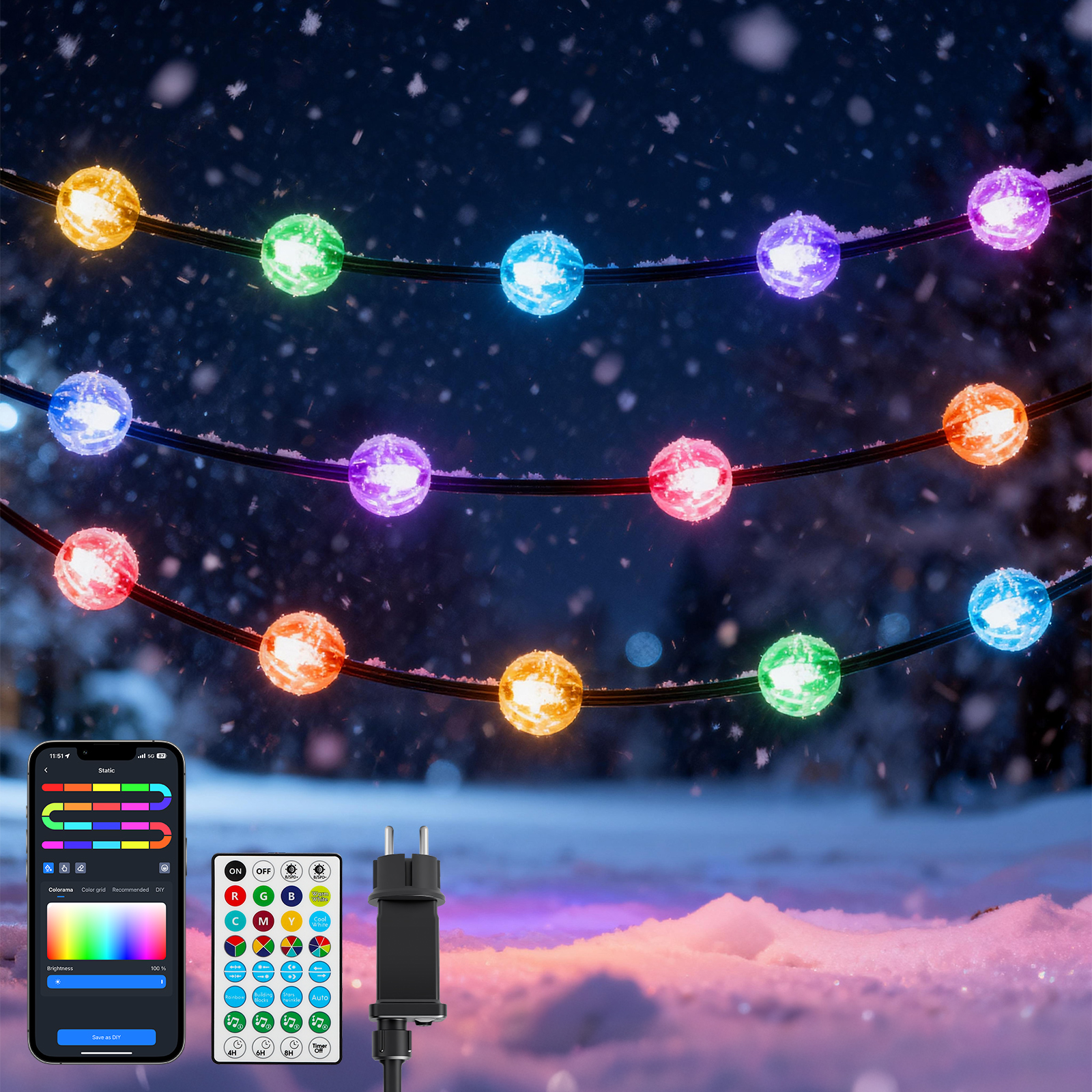 Aigostar Luces Navidad(Bolas) RGBIC Inteligente, Guirnalda Luces LED con 5M 33LEDs, Control por Segmentos DIY de Color, Music Sync, 39 Modos Dinámicos, IP44 Impermeable para Interior y Exterior