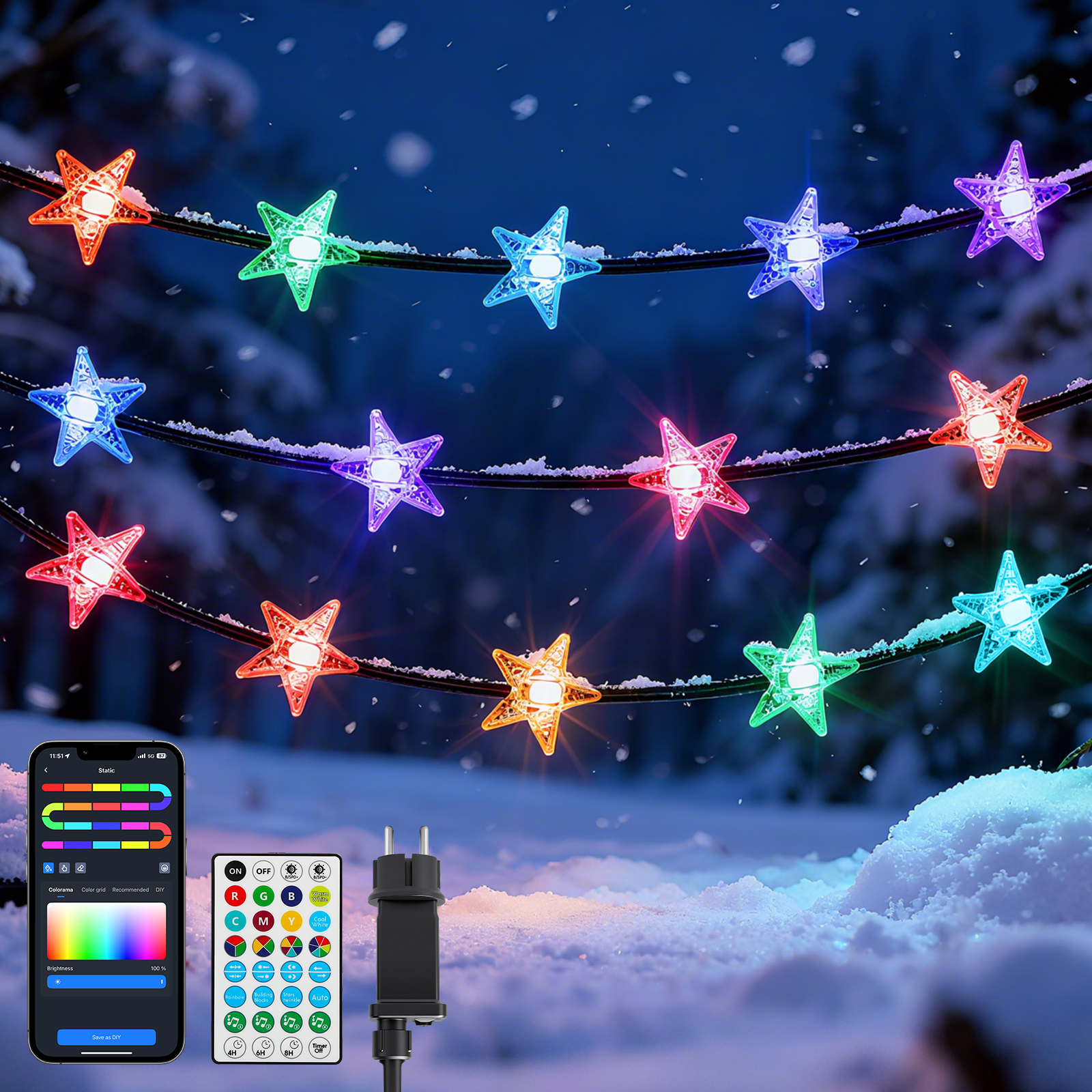 Aigostar Luces Navidad(Estrellas) RGBIC Inteligente, Guirnalda Luces LED con 5M 33LEDs, Control por Segmentos DIY de Color, Music Sync, 39 Modos Dinámicos, IP44 Impermeable para Interior y Exterior