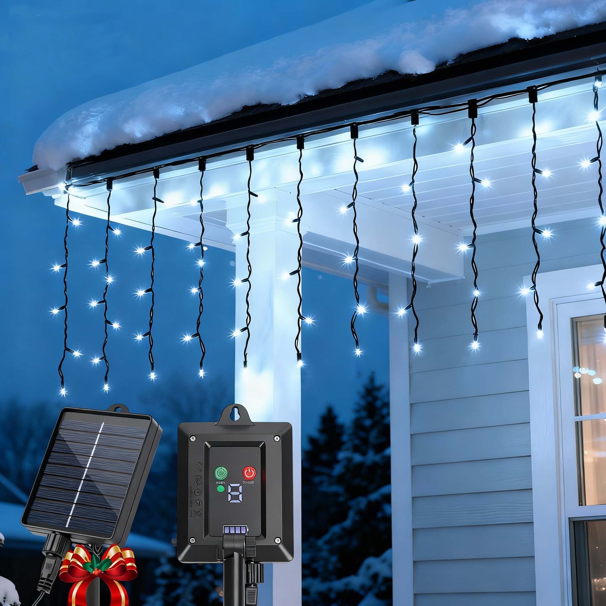 Aigostar Cortina Luces Navidad para Exterior Solares, 3M+5M*0.4M 100 LED 8 Modos, Cortinas de Luz Navidad Exterior, IP65, Visualización del nivel de batería, para Bodas, Fiestas. Luz Blanca Fría