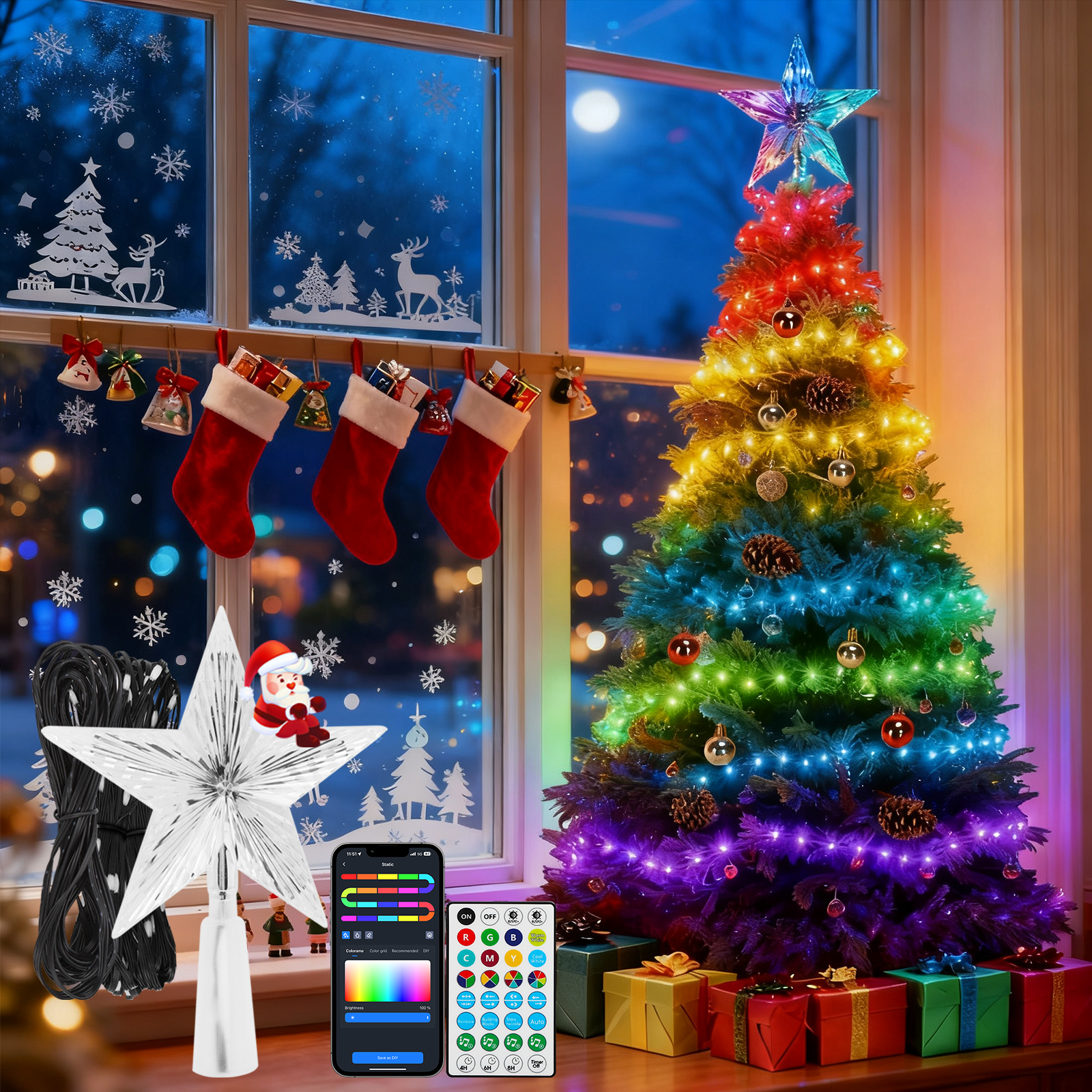 Aigostar RGBIC Guirnalda de Luces Exterior e Interior con Estrela de Árvore de Natal- 8M 50 LED Guirnaldas Luces con Enchufe, 39 Modos, Música, DIY, App, IP44 para Decoração de Halloween e Natal