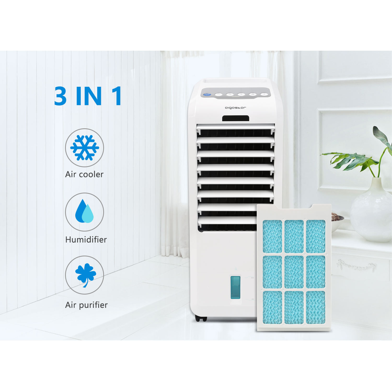 Aigostar Koud 33JTL - Raffrescatore Evaporativo, Refrigeratore e purificatore d'aria. 55W, 3 modalità selezionabile con telecomando. Timer 7 ore. 5 litri. 2 blocchi ghiaccio inclusa.