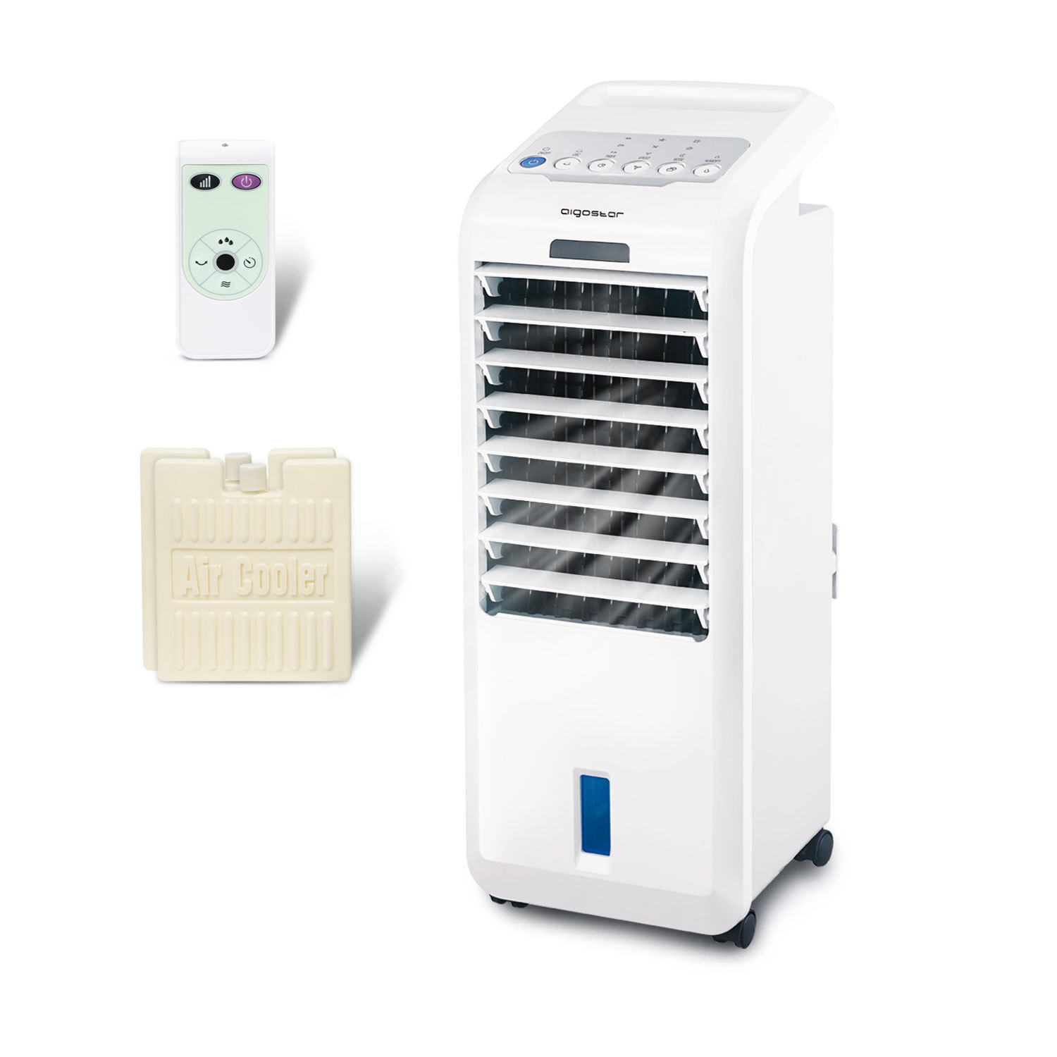 Aigostar Koud 33JTL - Raffrescatore Evaporativo, Refrigeratore e purificatore d'aria. 55W, 3 modalità selezionabile con telecomando. Timer 7 ore. 5 litri. 2 blocchi ghiaccio inclusa.