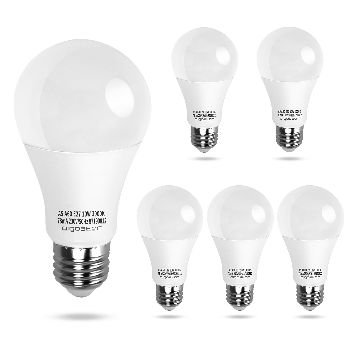 Aigostar LED lamp A5 A60 10W - E27 Fitting - Warm Wit licht 3000K - 800 lumen - Set van 5 stuks.