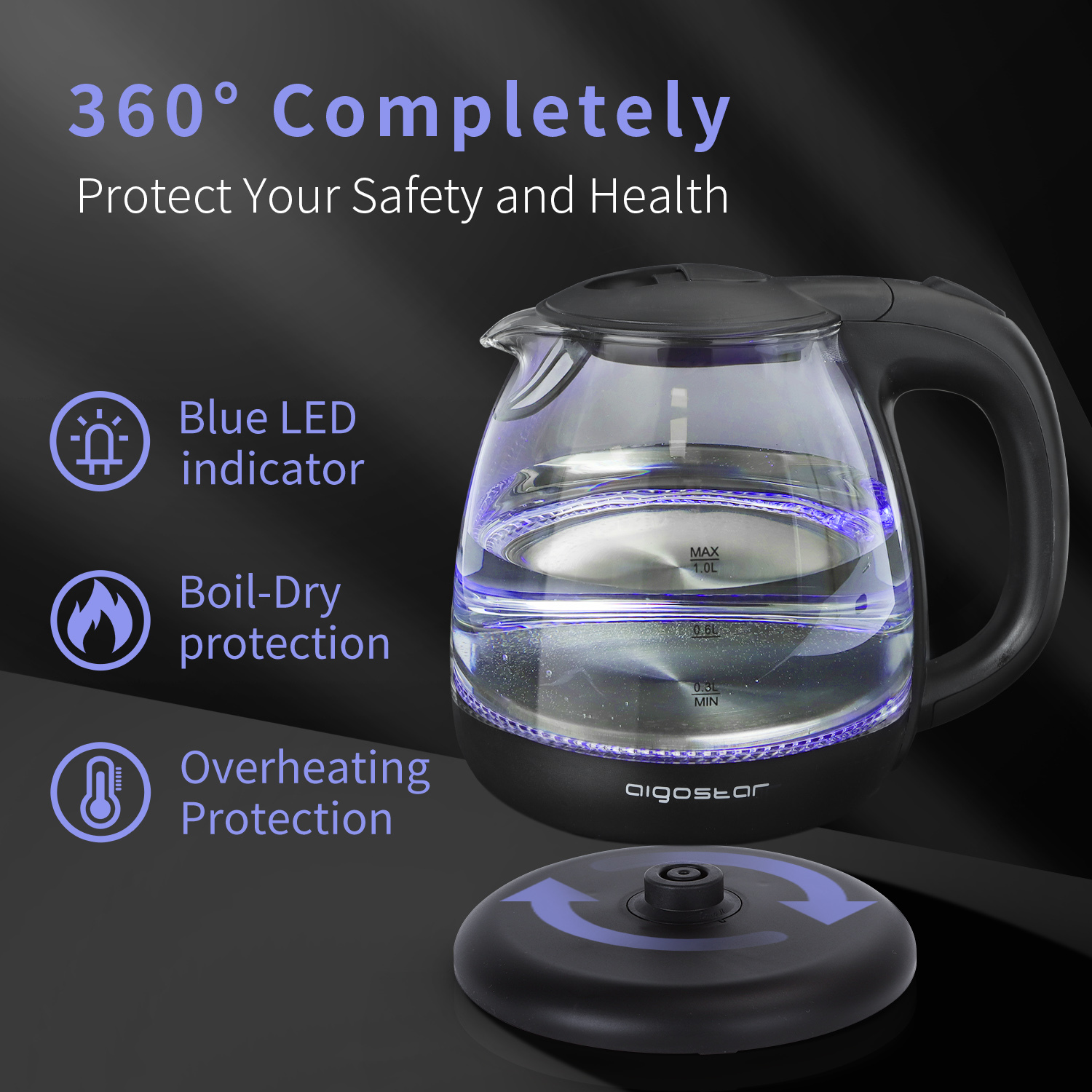 Aigostar Elfin 30IAX - Bouilloire électrique en verre borosilicaté avec illumination LED. 2200W, capacité de 1L, sans BPA. Ébullition rapide, protection contre l’ébullition à vide. Noire.