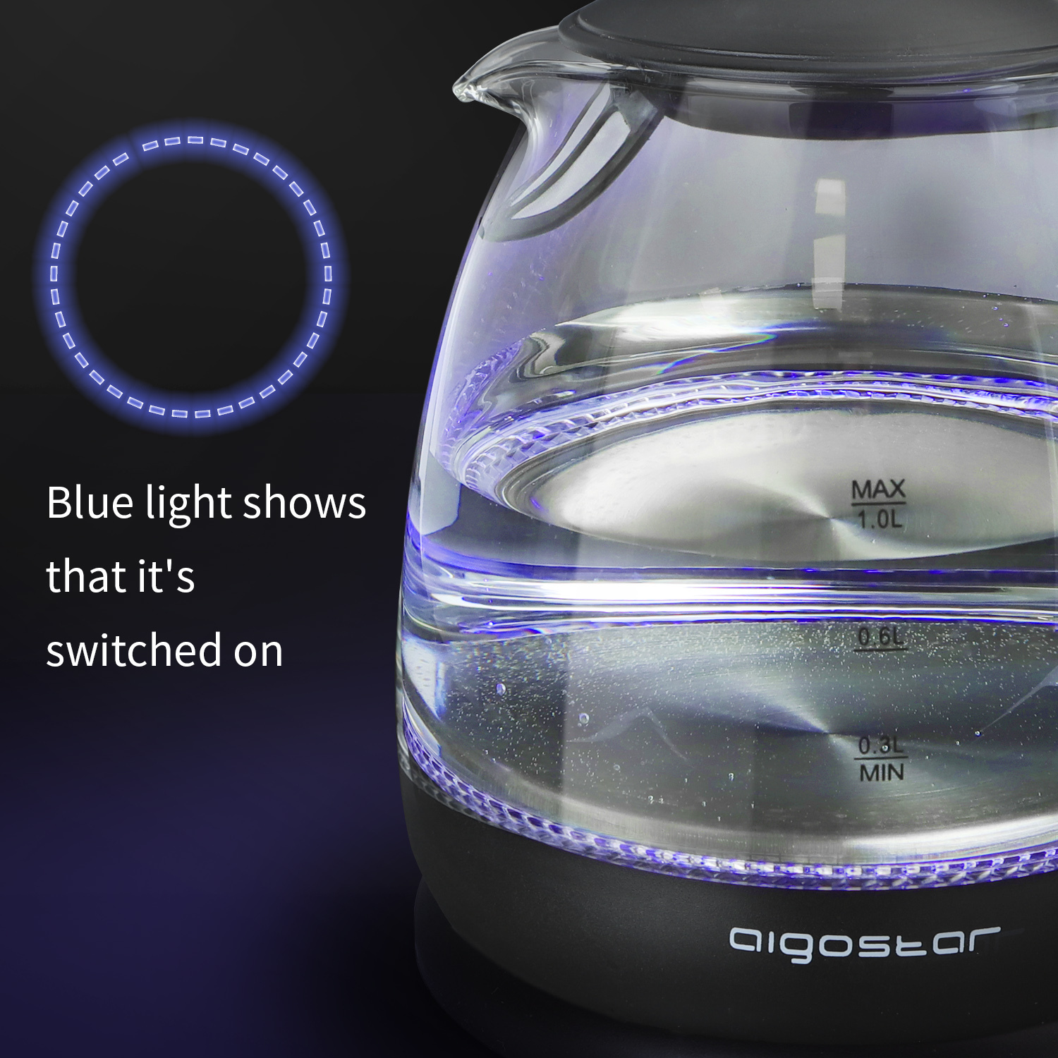 Aigostar Elfin 30IAX - Bouilloire électrique en verre borosilicaté avec illumination LED. 2200W, capacité de 1L, sans BPA. Ébullition rapide, protection contre l’ébullition à vide. Noire.