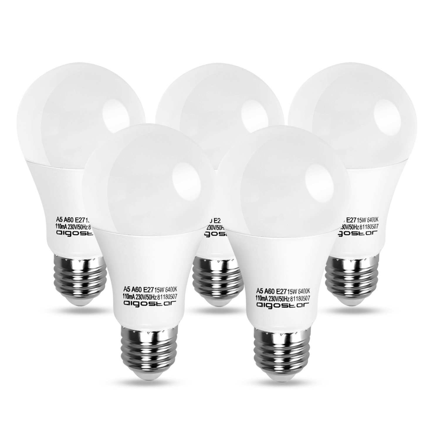 Aigostar LED lamp A5 A60 15W - E27 Fitting - Daglicht 6400K - 1200 lumen - Set van 5 stuks