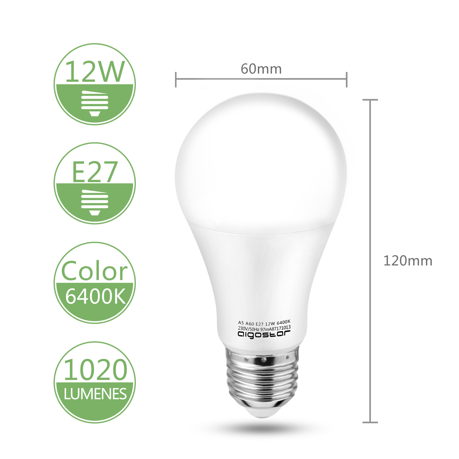 Aigostar LED lamp A5 A60 12W - E27 Fitting - Daglicht 6400K - 1020 lumen - Set van 5 stuks.