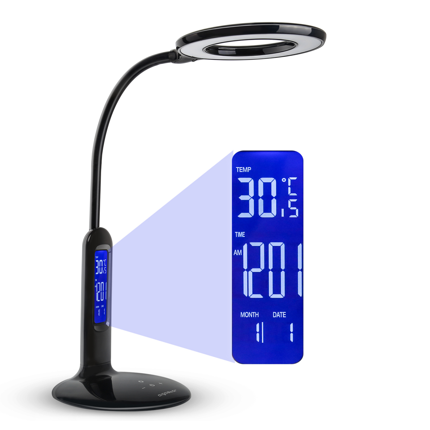 LED Bureaulamp, 7 W, touch-functie, 360 lm LCD-display met kalender, temperatuur, alarm 5 helderheidsniveaus, 2 verlichtingsmodi voor warm en wit licht.