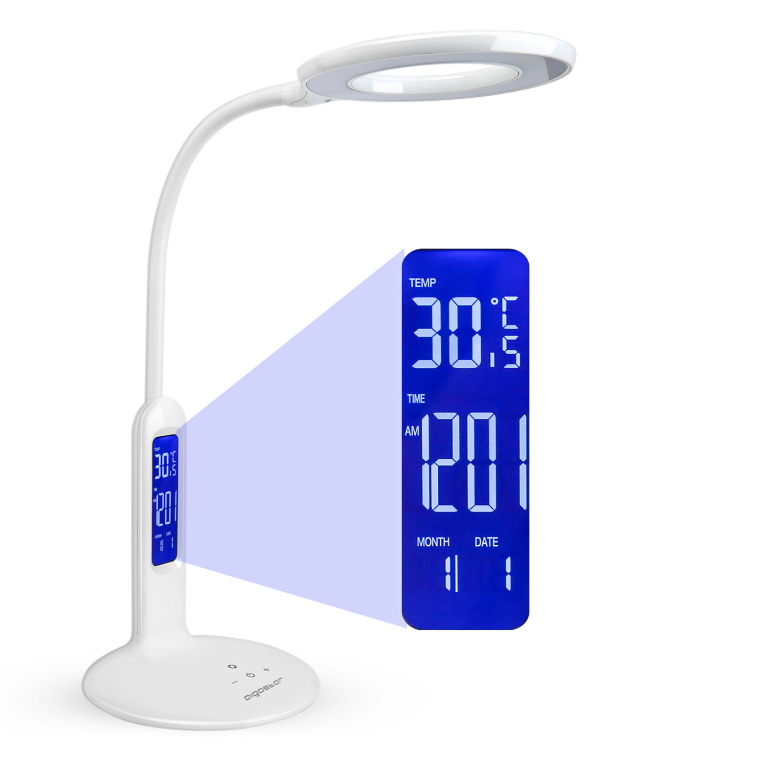 LED-bureaulamp, 7 W, touch-functie, 360 lm LCD-display met kalender, temperatuur, alarm 5 helderheidsniveaus, 2 verlichtingsmodi voor warm en wit licht.