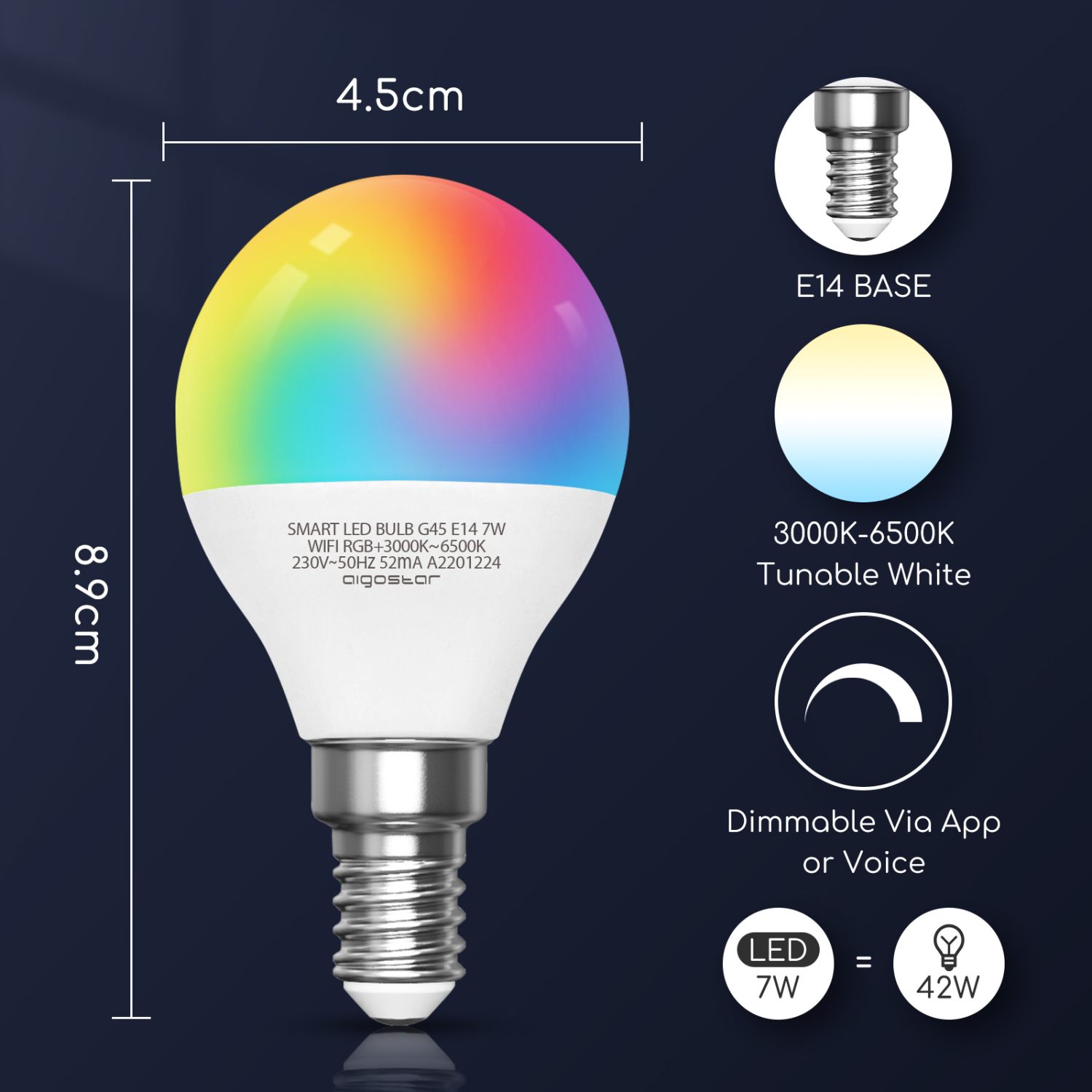 Aigostar lampadina led smart G45 E14 attacco piccolo 7W， Funziona con Alexa e Google Home. Dimmerabile bianca 3000k - 6500k o RGB multicolore [Classe energetica A +] （202828）