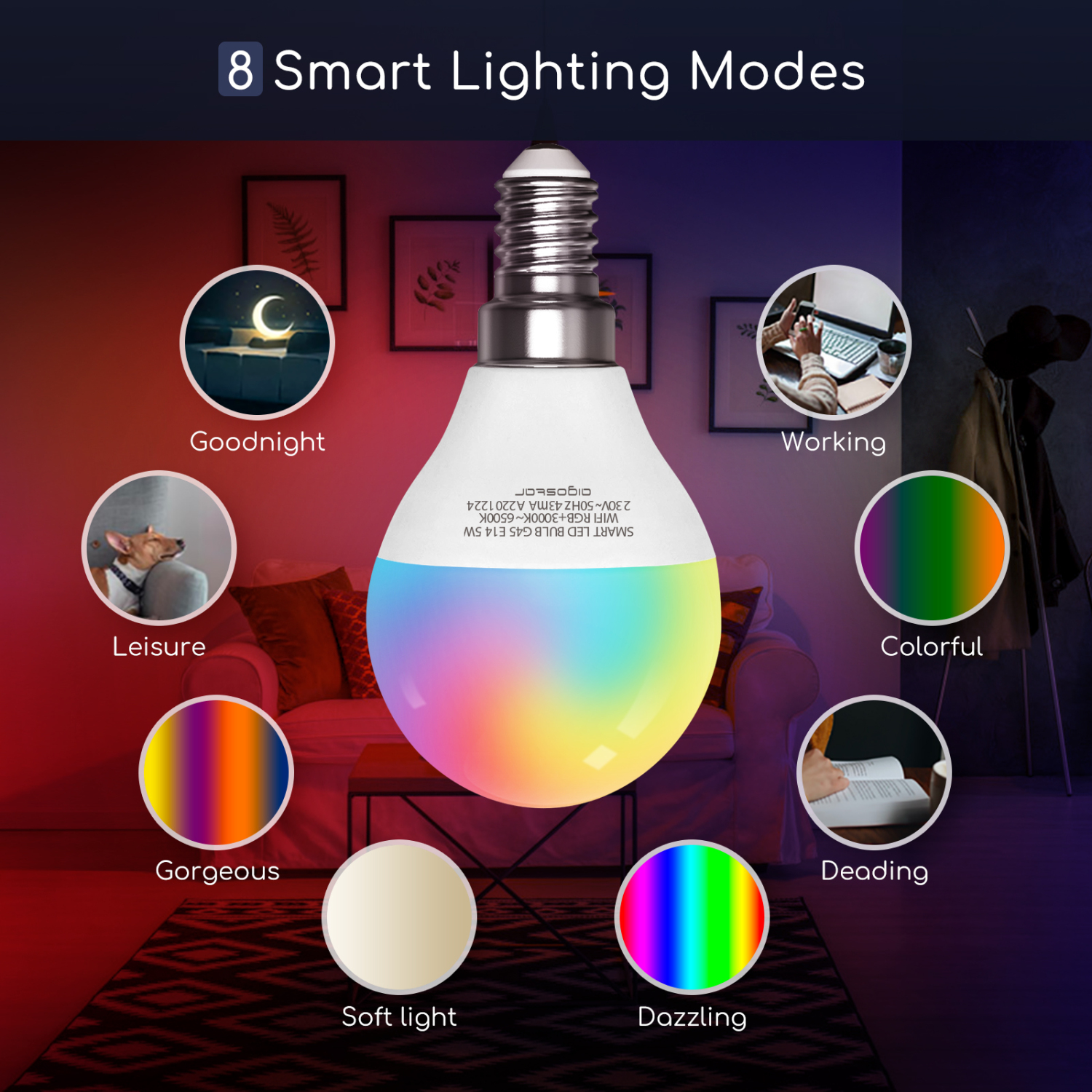 Aigostar - lampadina led smart G45 E14 attacco piccolo 5W, Funziona con Alexa e Google Home. Dimmerabile bianca 3000k - 6500k o RGB multicolore [Classe energetica A +]