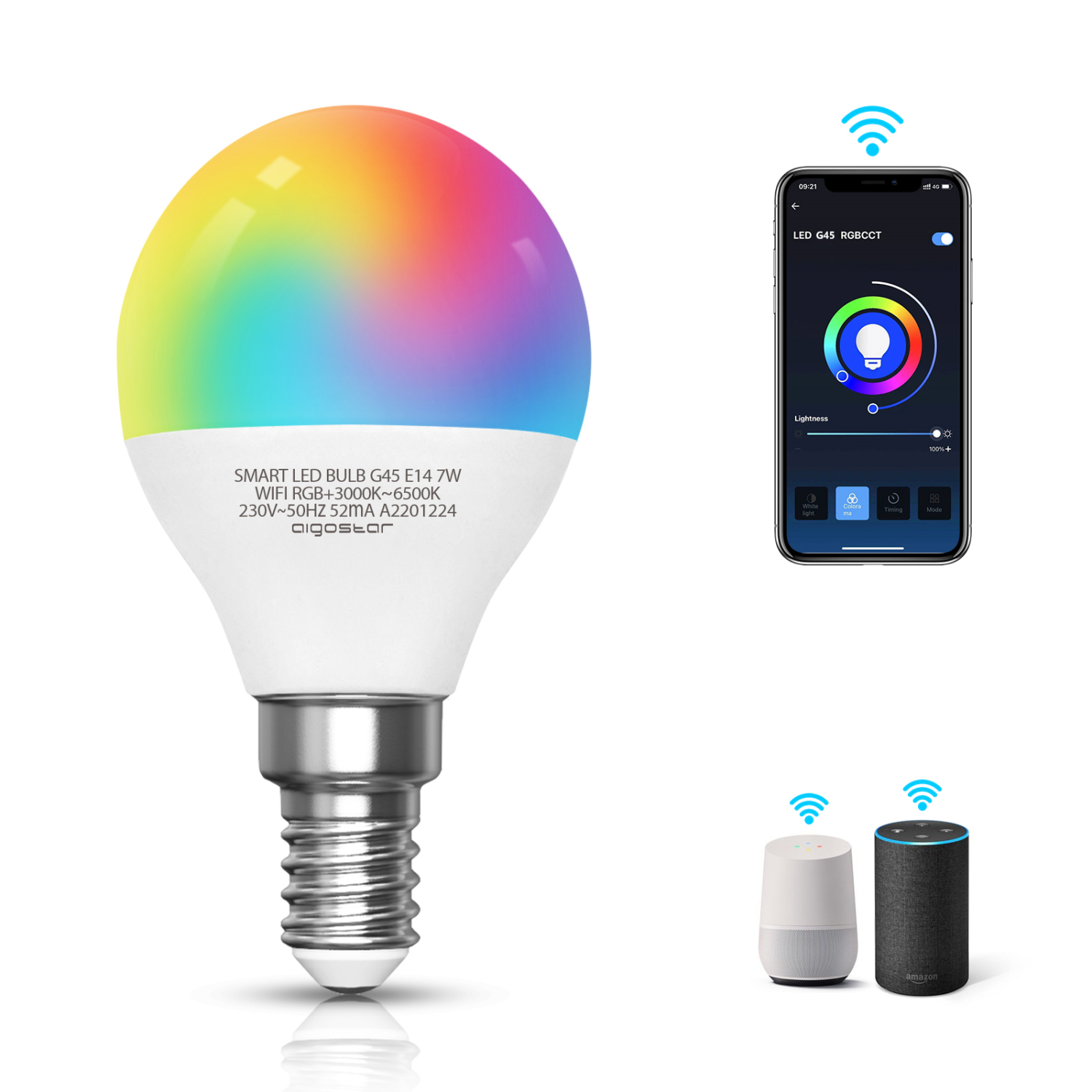 Aigostar lampadina led smart G45 E14 attacco piccolo 7W， Funziona con Alexa e Google Home. Dimmerabile bianca 3000k - 6500k o RGB multicolore [Classe energetica A +] （202828）
