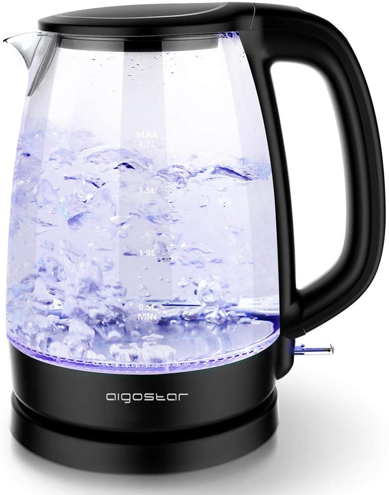 Aigostar Adam 30GOM - Glazen Waterkoker met Led verlichting - Zwart - 2200W - 1,7 Liter - Glas